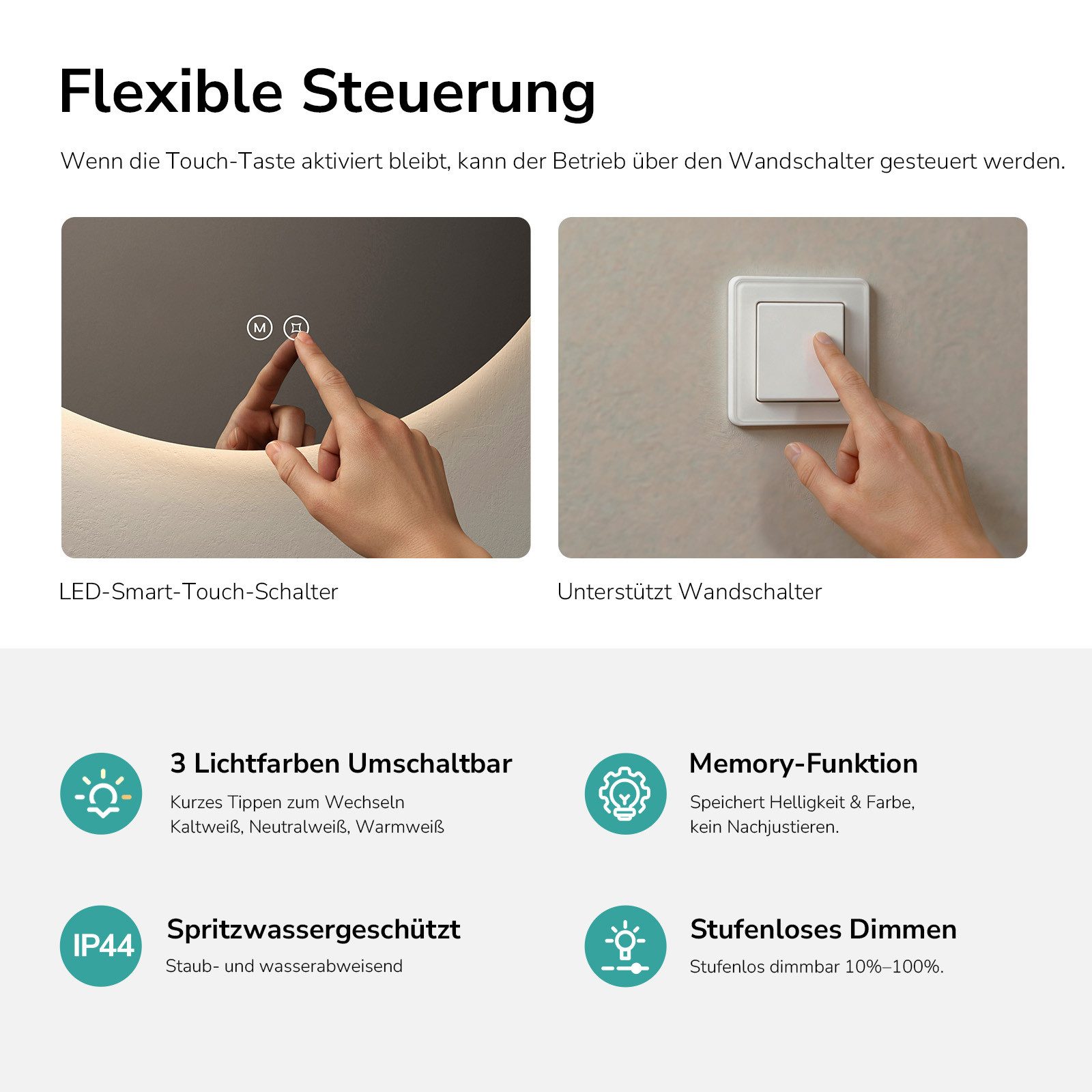 EMKE LED-Lichtspiegel Badspiegel rund, rahmenlos, Touch-Steuerung, dimmbar, Memory-Funktion (50–80 cm, Touchschalter), 3 Lichtfarben, indirekte Beleuchtung, IP4 – Bild 5 von 5