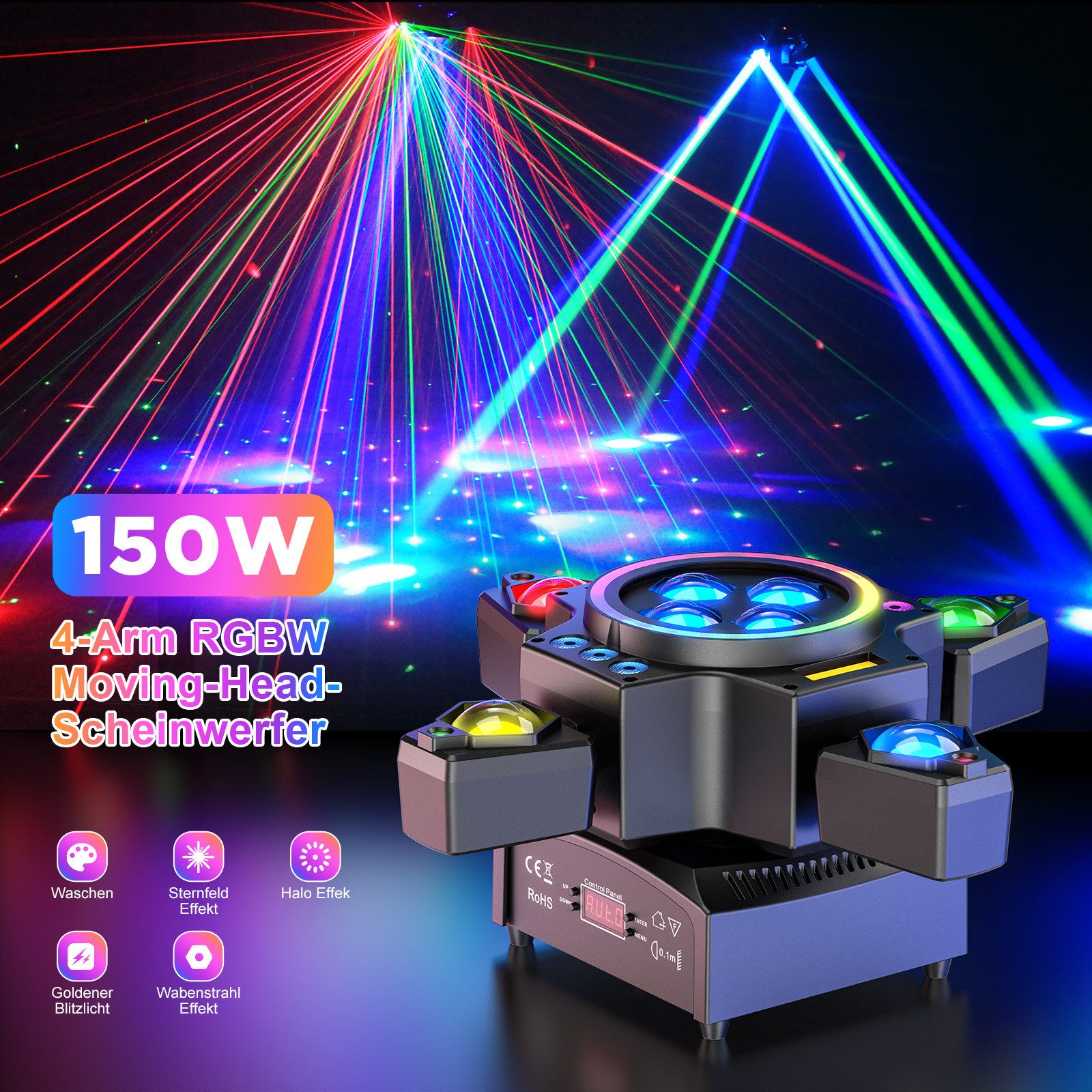 ZonQoonz Discolicht 150W 4-Arm Bühnenlicht mit Sternenhimmel-Effekt für DJ Party Hochzeit – Bild 2 von 5
