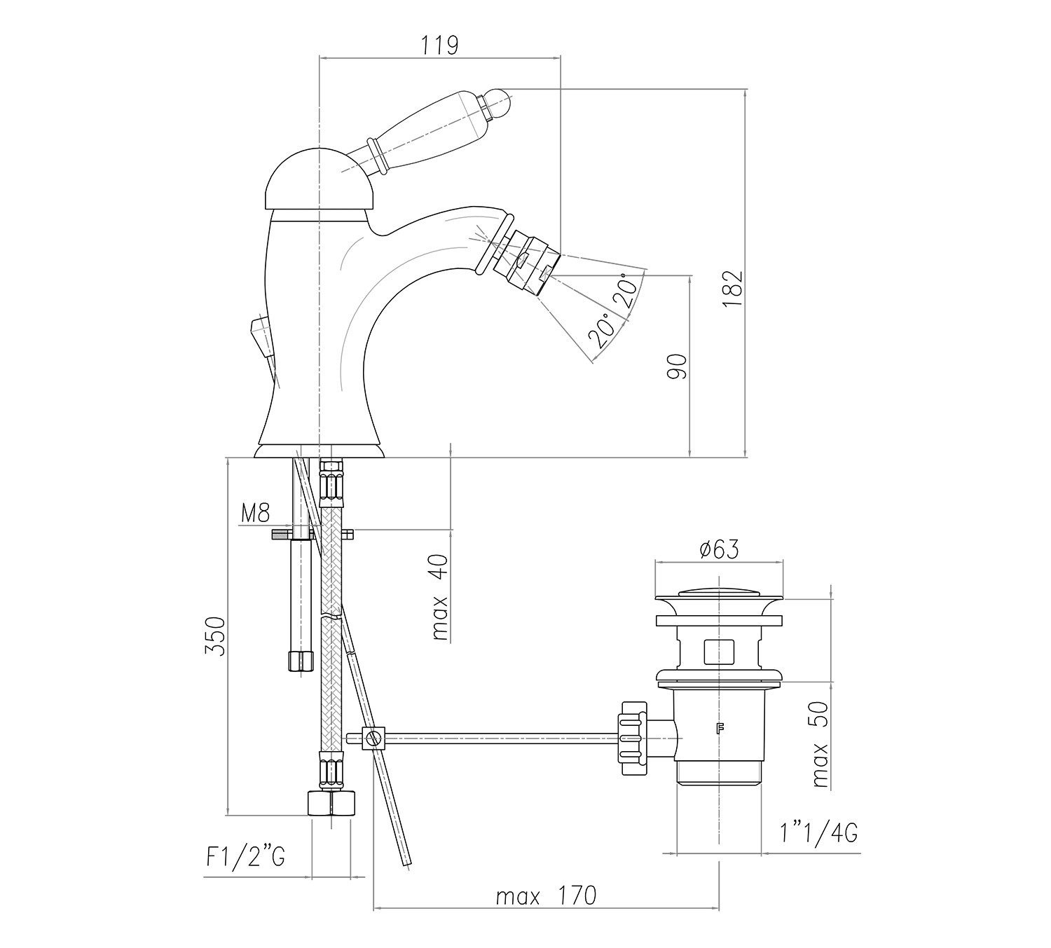 Sapho Bidetarmatur KIRKÉ BLACK Bidetarmatur mit Ablaufgarnitur, schwarzer Hebel, Gold Sapho-KI03NZ