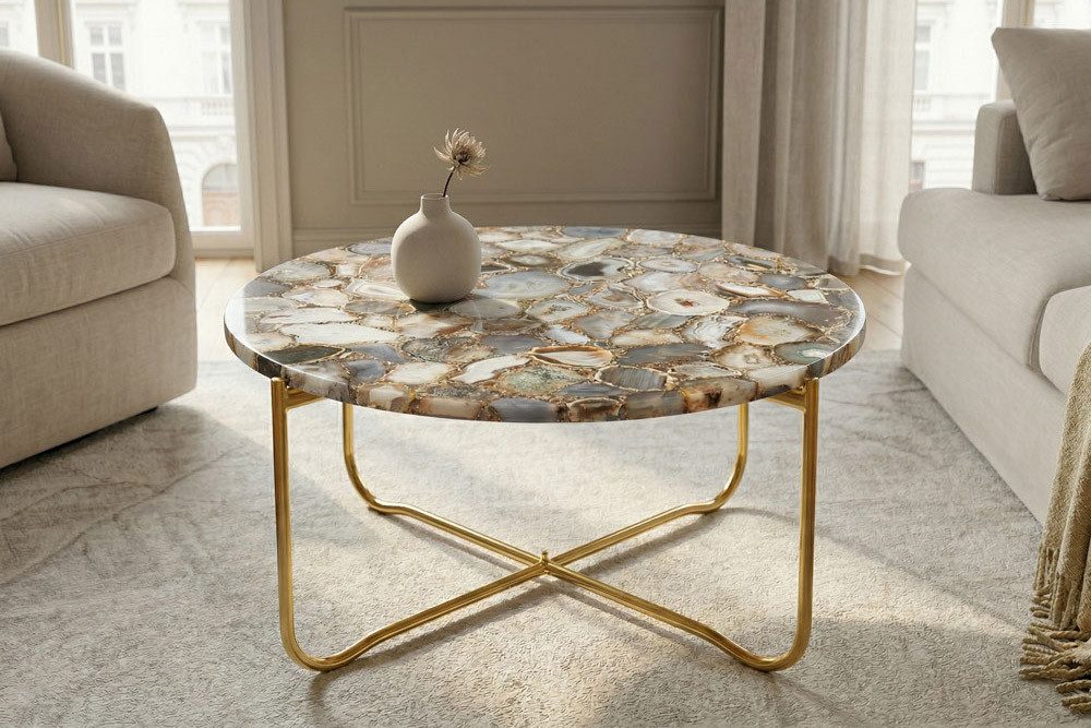 riess-ambiente Couchtisch NOBLE Ø65cm bunt / gold - Edelstein, Achat, handmade, rund, klappbar (Einzelartikel, 1-St), individueller Beistelltisch - ideal für gl – Bild 5 von 5