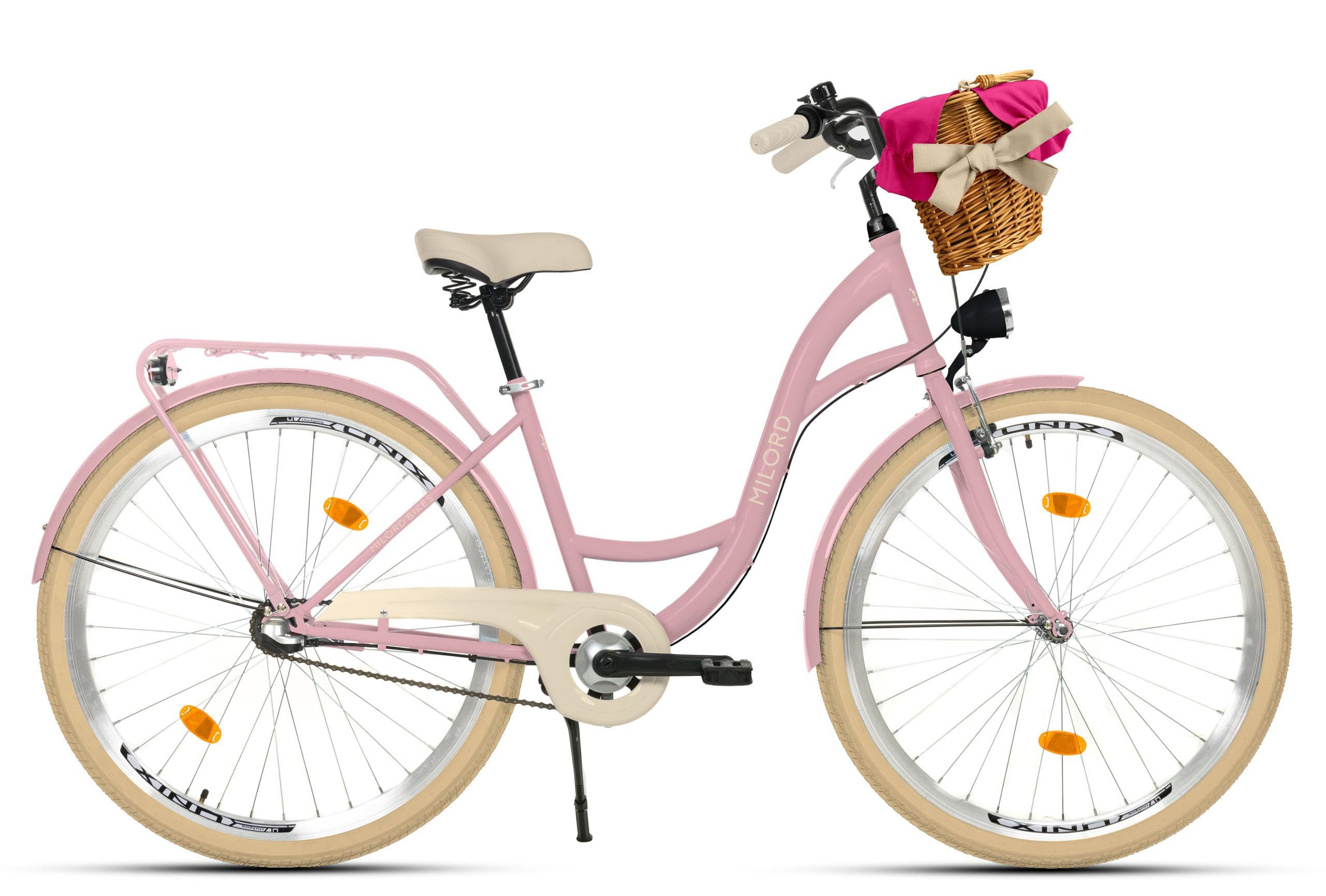 Milord Cityrad Milord City Fahrrad Weidenkorb Damen, 28/26 Zoll, Rosa-Creme, 3-Gang, 3 Gang, (Fahrradständer, Gepäckträger, Klingel, Korb, Kotflügel)