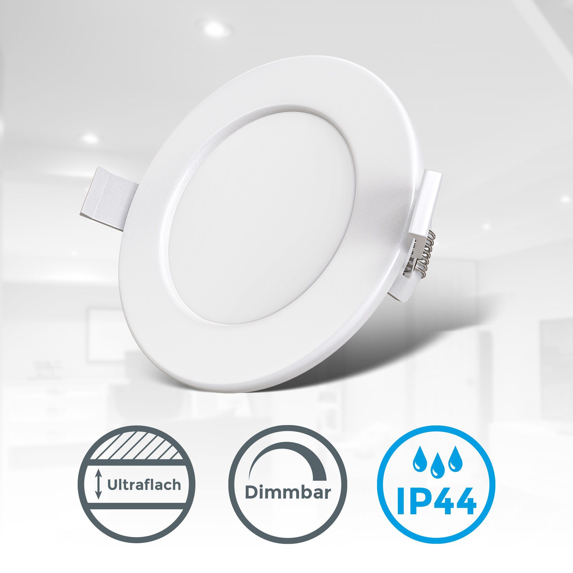 LED 6W Weiß, IP44, 6er Lochbohrung, Set, LED B.K.Licht Einbauleuchte fest Ø11,5cm, Dimmbar, Ø10cm Warmweiß, Flach, Bad-Einbauleuchten, 450Lm, LED Ultra integriert, 3.000K, BK_EL1276