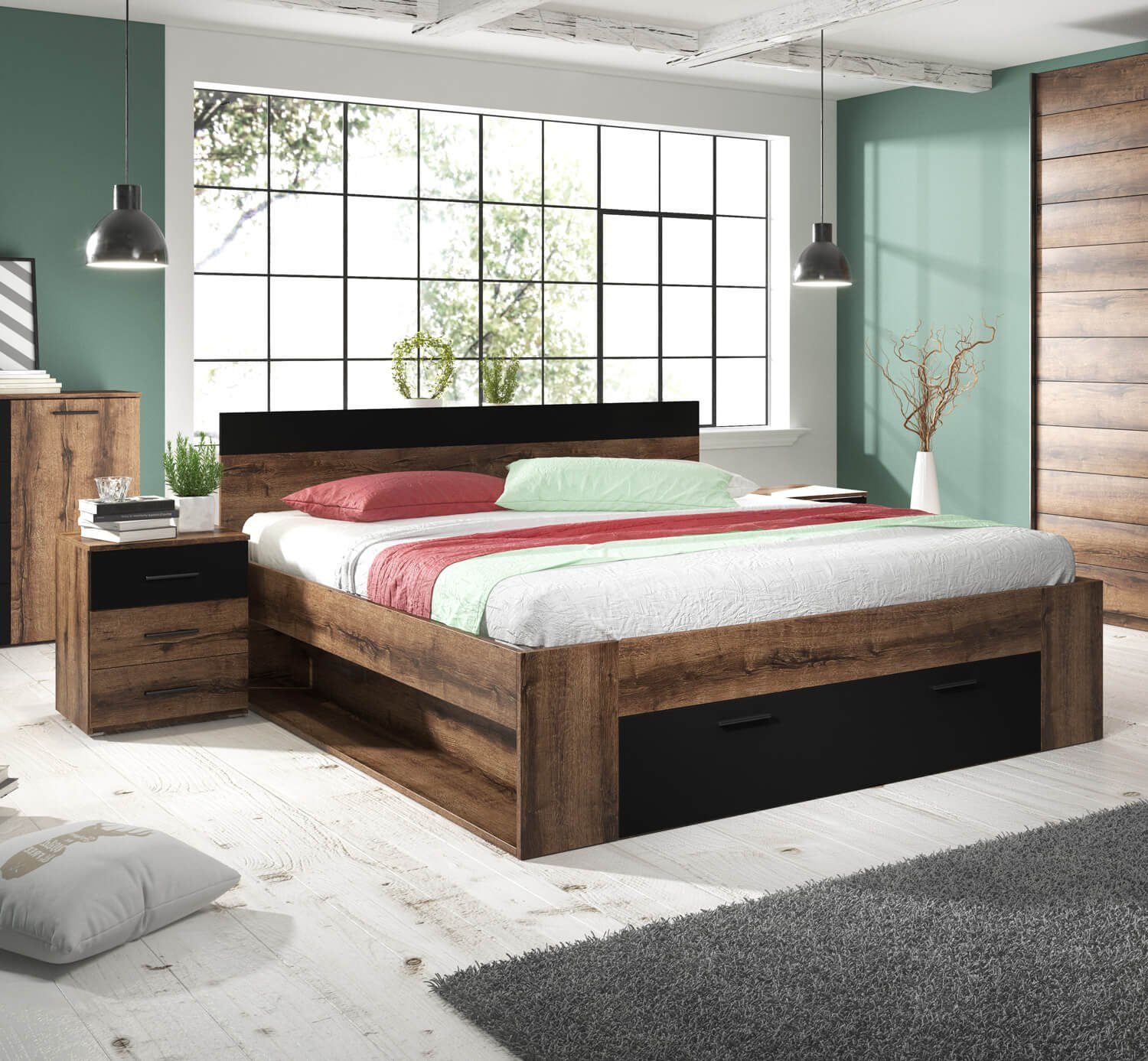 Helvetia Schlafzimmer-Set Beta, (Beta, 3-teilig), 180x200cm monastery Eiche schwarz