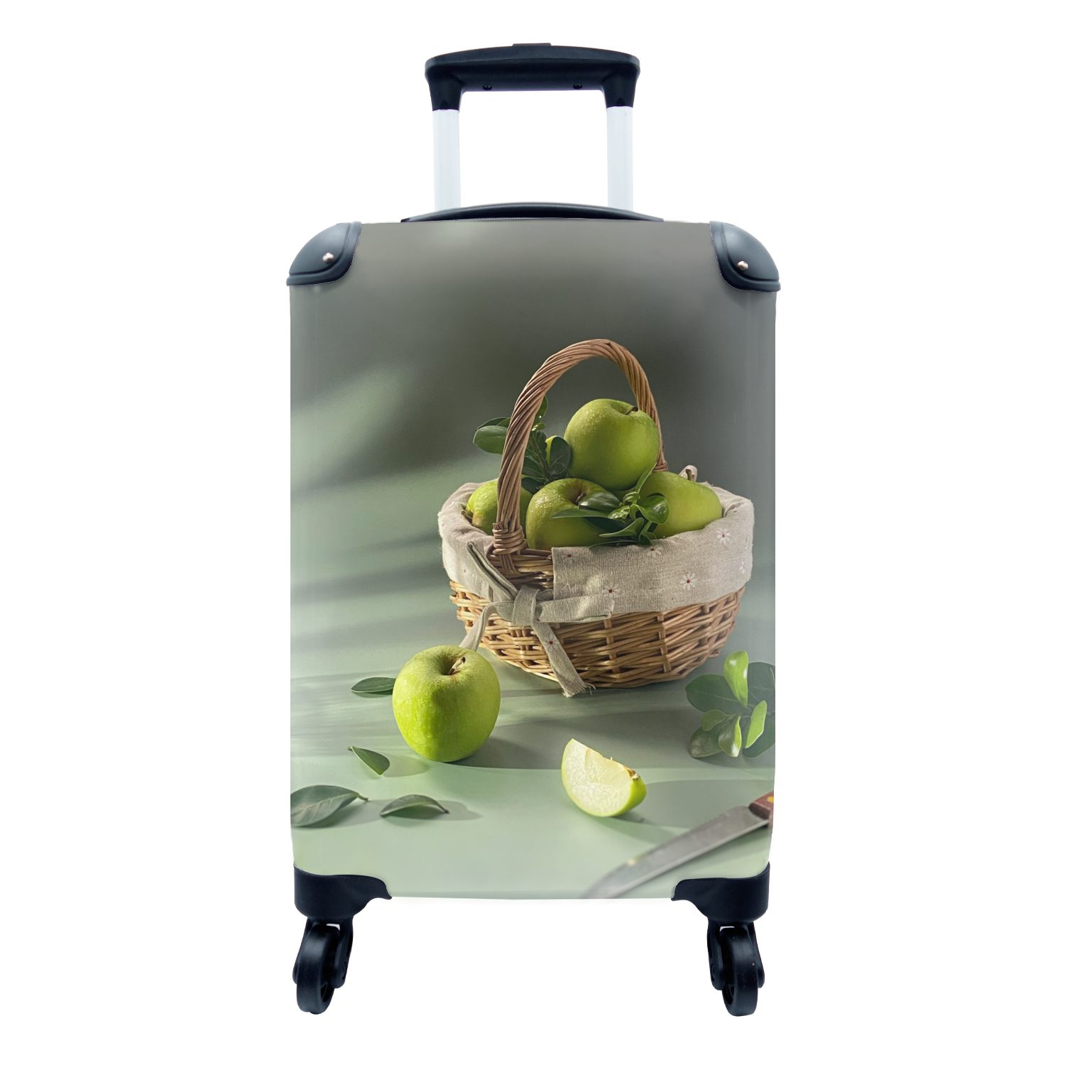 MuchoWow Handgepäckkoffer Grüner Apfel auf weißem Hintergrund, 4 Rollen, Reisetasche mit rollen, Handgepäck für Ferien, Trolley, Reisekoffer