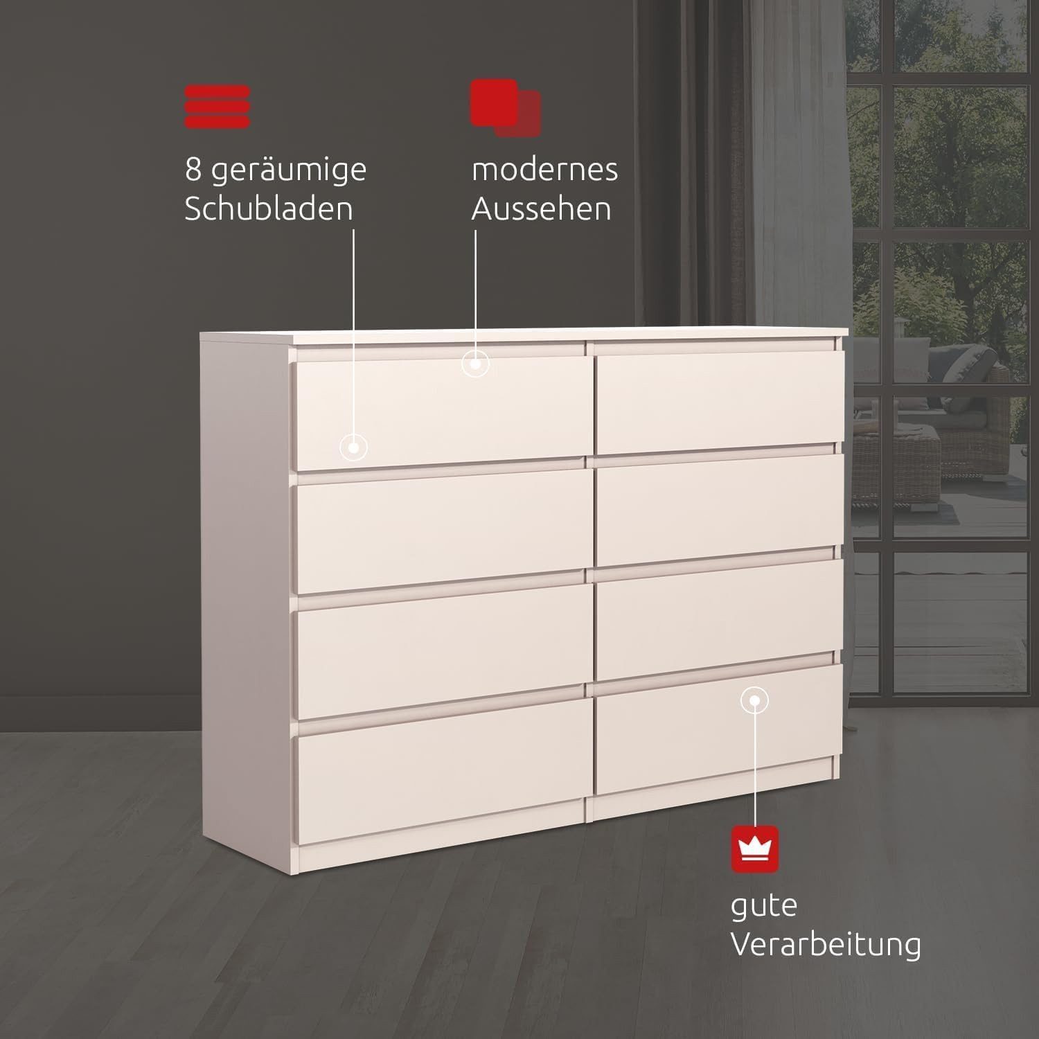 MAGOWA Schubkastenkommode Kommode 140 cm – moderne Kommode mit 8 Schubladen mit extra Stauraum (Vielseitig einsetzbar), Breite 138,5 cm - Höhe 101,5 cm - Tiefe 39 cm