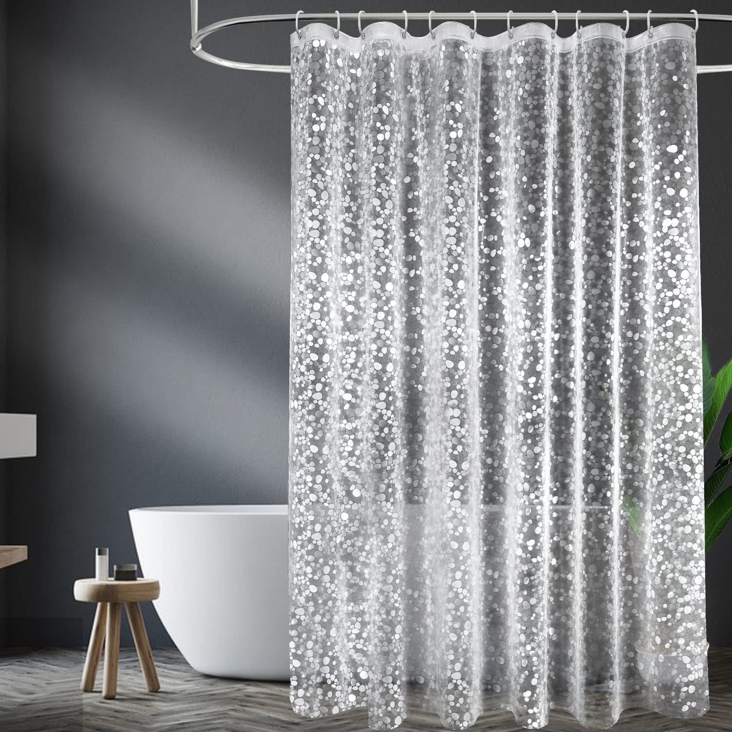FOUORTUNATE-BEE Duschvorhang Antischimmel Duschvorhang Transparent mit 3D Kieselsteinen Muster Breite 180 cm (Wasserdicht Eva Plastik Dusch Vorhang für Badewanne mit 12 Ringe)
