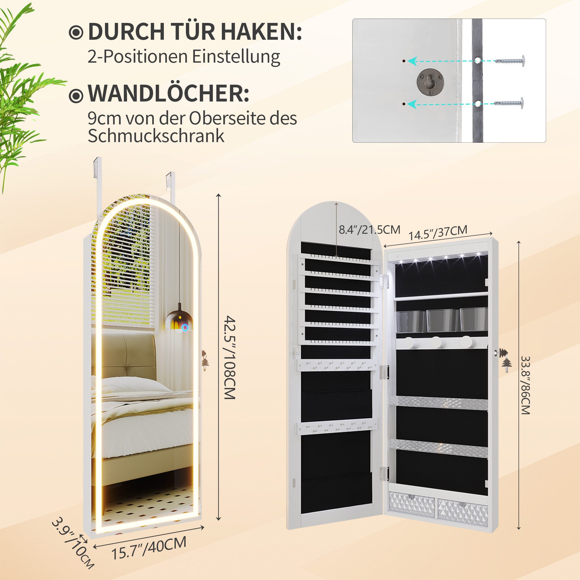 LVSOMT Schmuckschrank mit 3 Farben Licht, aus MDF, explosionssicherem Glas und Samt (1-St) mit Make-up-Spiegel, 108×40cm, weiß