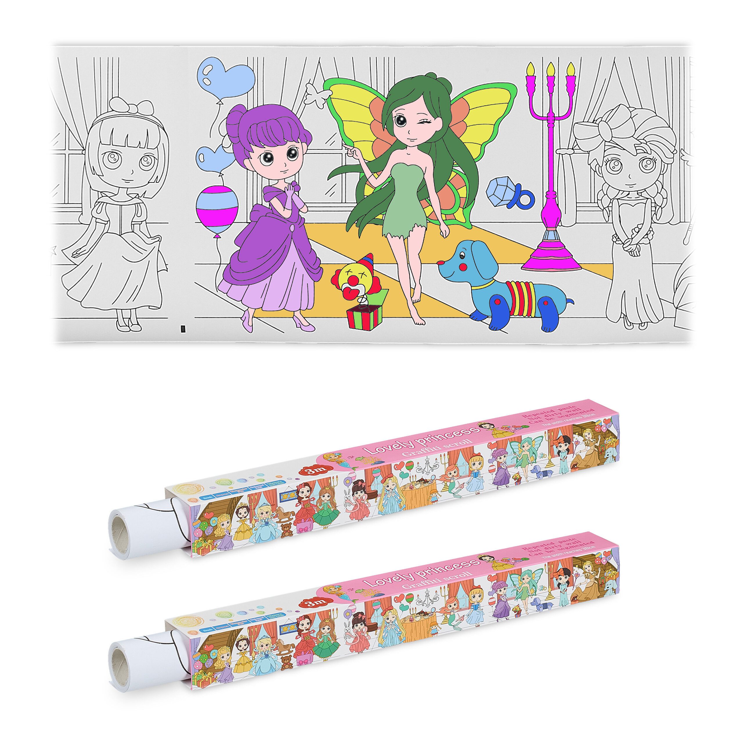 relaxdays Malvorlage Ausmaltischdecken für Kinder 2er Set 3 m (2er Set), Prinzessin