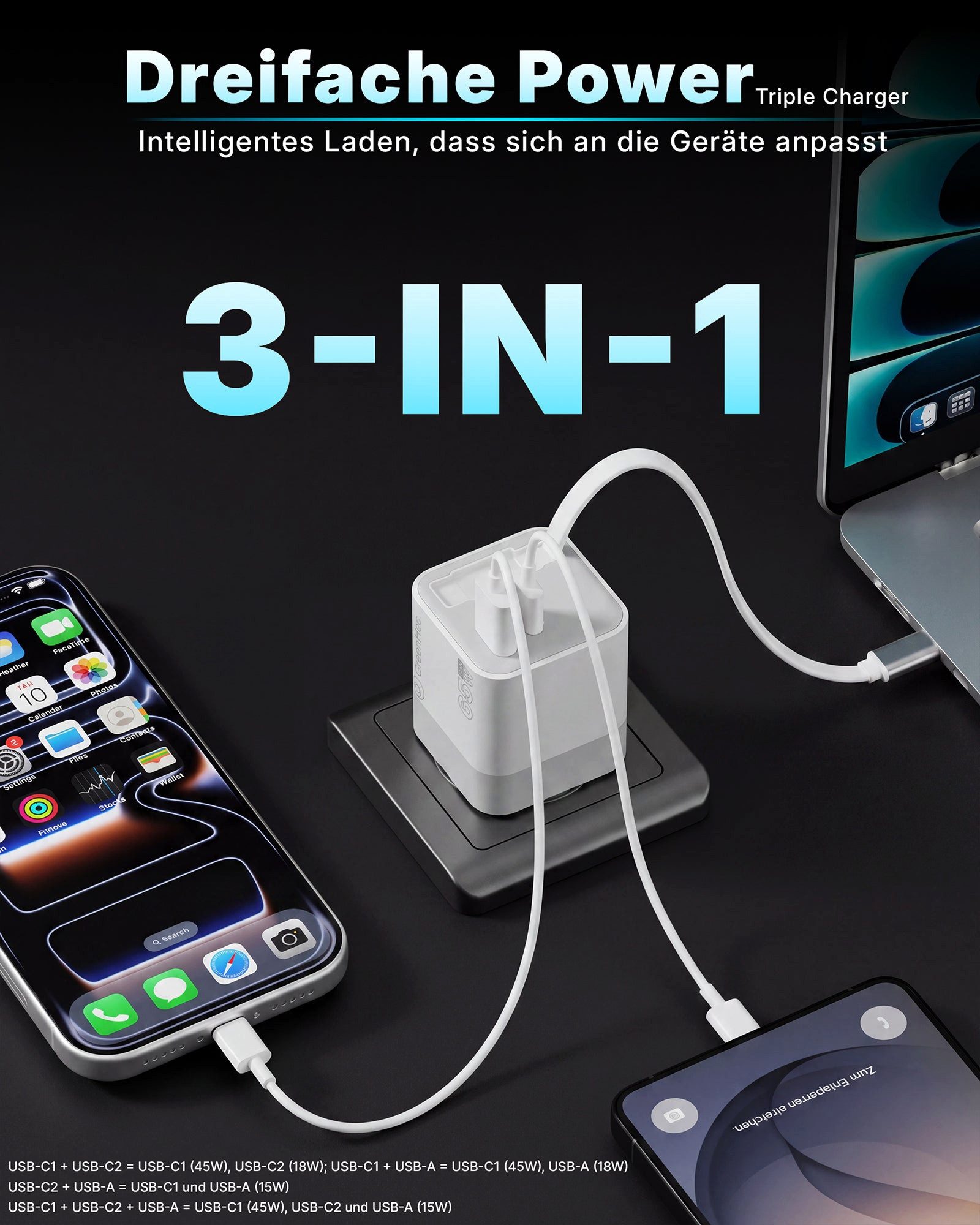 GreenHec 65w USB-C Ladegerät - Ausziehbares Kabel, GaN Schnell Charger Schnelllade-Gerät (50 mA, Spar-Set, Universelle Kompatibilität, Netzteil, 3 Port Stecker, – Bild 4 von 5