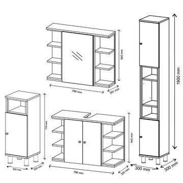 Vicco Badezimmer-Set Badmöbel Set Aquis Spiegel Waschtischunterschrank Badschrank Anthrazit, (4-er Set, 4-St., Badschrank,Spiegelschrank,Waschtischunterschrank,Midischrank)