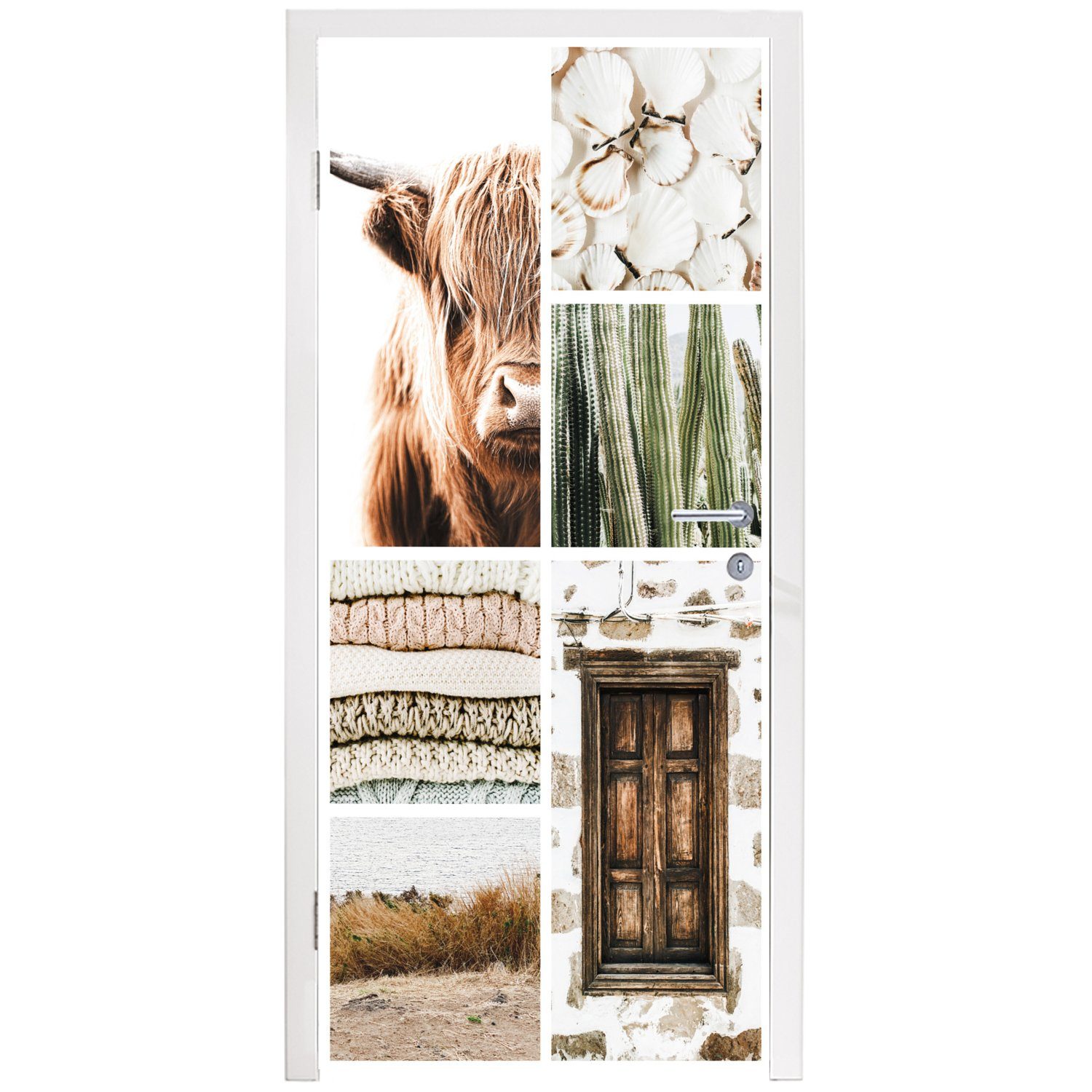 - Türtapete Fototapete - Highlander Tür, Matt, Kaktus, Collage Schottischer St), bedruckt, 75x205 Türaufkleber, cm MuchoWow für (1