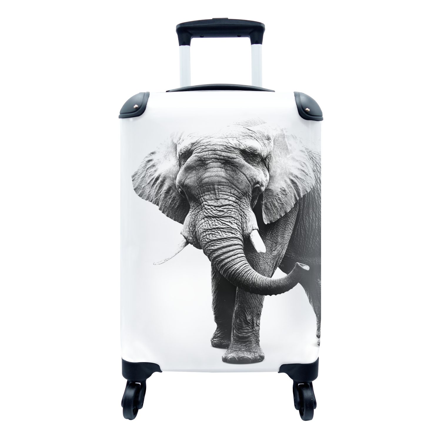 Handgepäck Elefant schwarz für Handgepäckkoffer mit Rollen, 4 rollen, Ferien, Reisetasche weißem vor und MuchoWow Hintergrund Reisekoffer - Trolley, weiß,