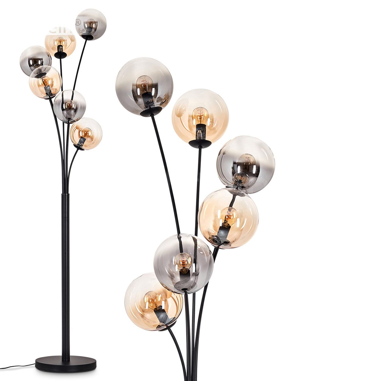 hofstein Stehlampe Stehlampe aus Metall/Glas in Schwarz/Rauch-/Bernsteinfarben/Klar, ohne Leuchtmittel, Leuchte, Glasschirme (15cm),Schalter,168cm,6xE14, ohne Leuchtmittel