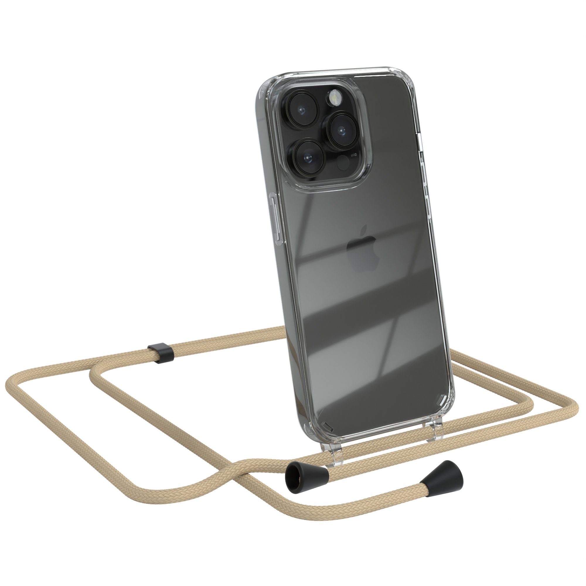 EAZY CASE Handykette Clips Schwarz für Apple iPhone 14 Pro 6,1 Zoll, Handykordel Umhängetasche für Handy Hülle durchsichtig Beige Taupe