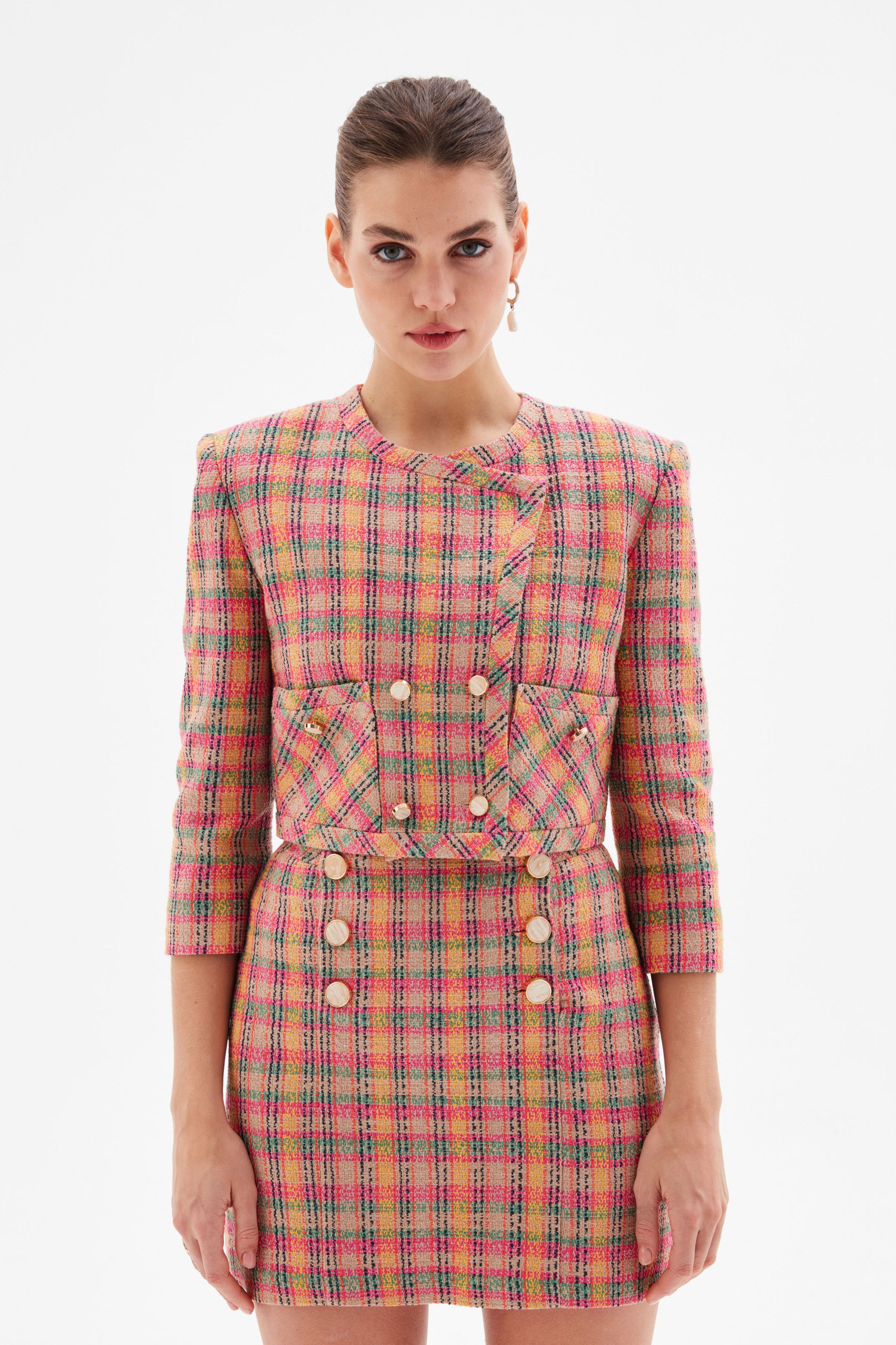 adL Kurzblazer Tweedjacke mit Druckknopfdetails