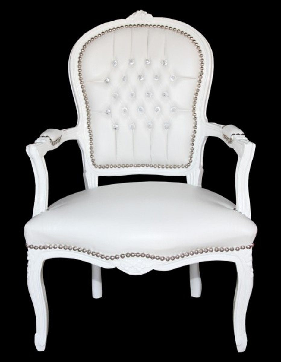 Casa Antik Stuhl Weiß Bling Besucherstuhl - Barock Bling Lederoptik / mit Salon Glitzersteinen Stil Weiß Möbel Padrino