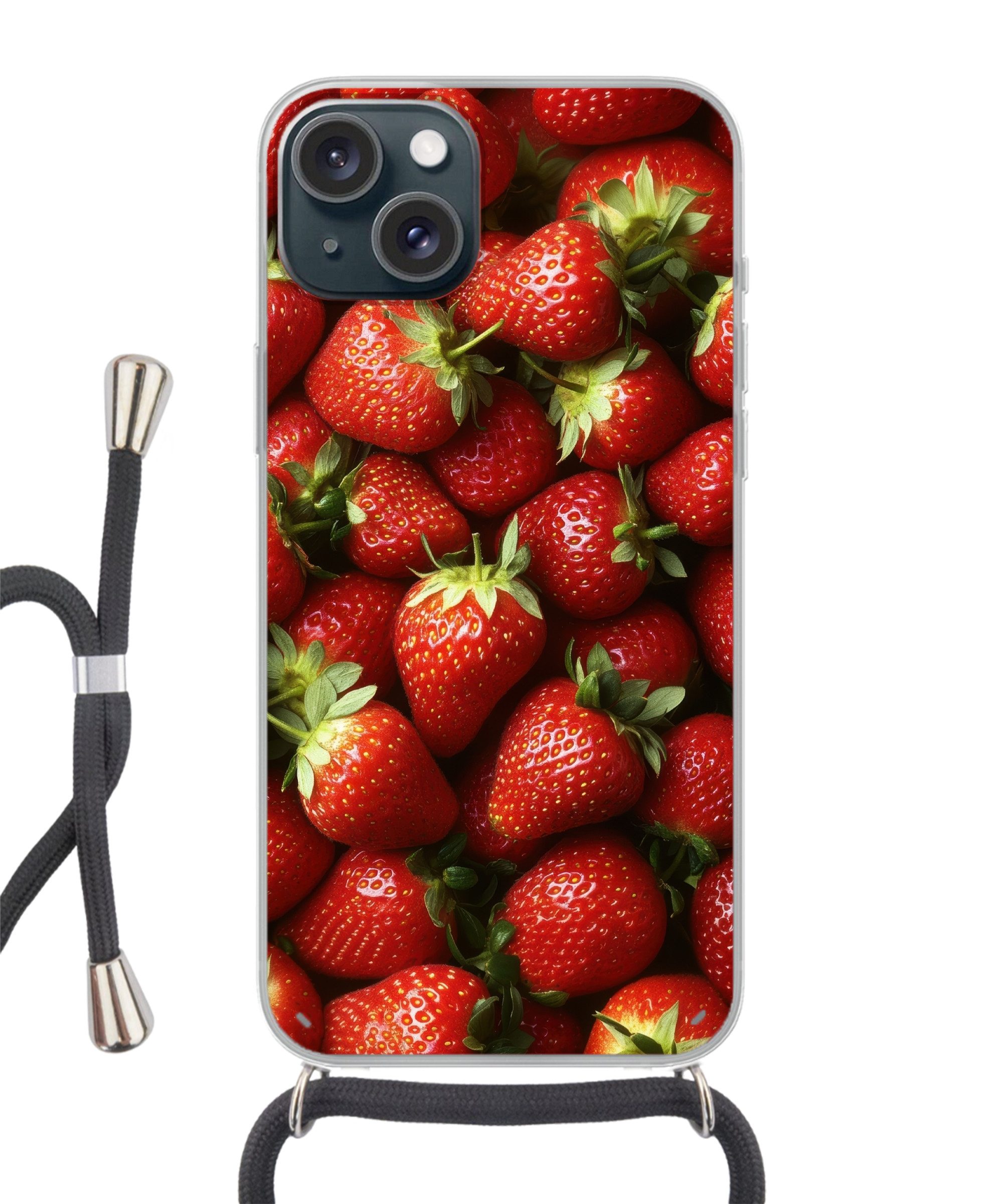 MuchoWow Handyhülle für Apple iPhone 15 Erdbeere - Obst - Rot, Tragbare Handyhüllen mit Kette zum umhängen, Handykette Handyband