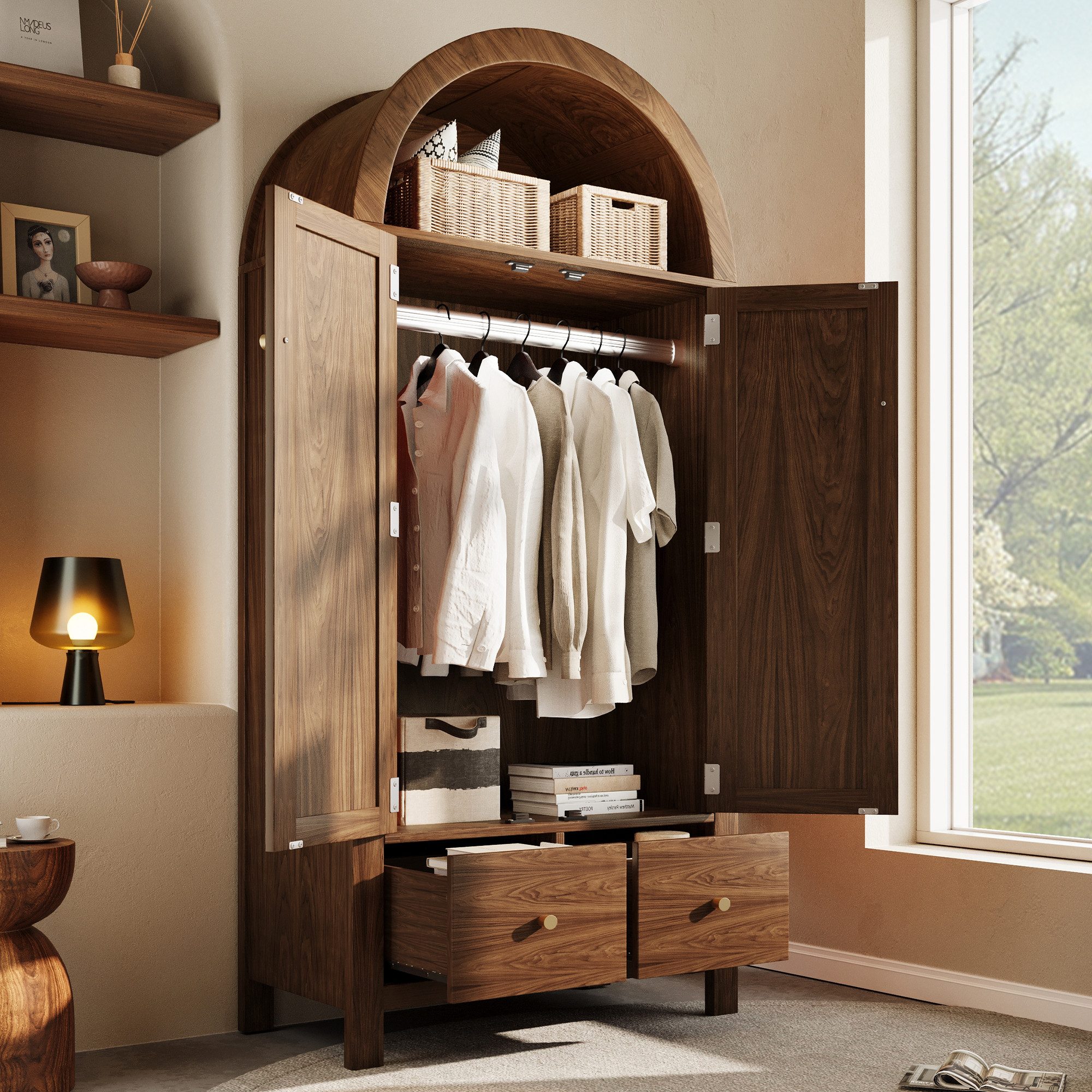 HAUSS SPOLE Kleiderschrank Landhausstil mit Rattan-Flechten&Schubladen,Garderobenschrank Walnuss (Packung, 1-St., 2 Türen mit Magnetverschluss, Kleiderstange und Kippsicherung) Landhausstil, offene halbrunde Ablage