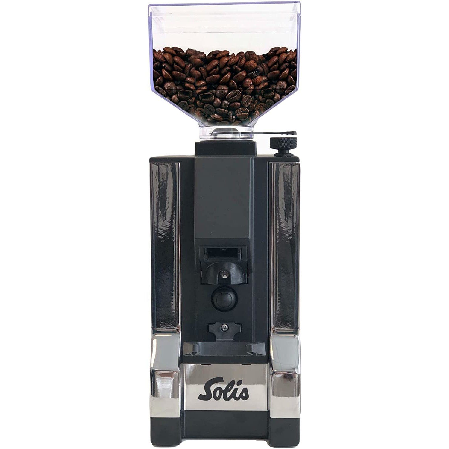 SOLIS OF SWITZERLAND Kaffeemühle Typ 1663, 260 W, flach, 300 g Bohnenbehälter, Halterung für Siebträger, 1350 U/min, Garben