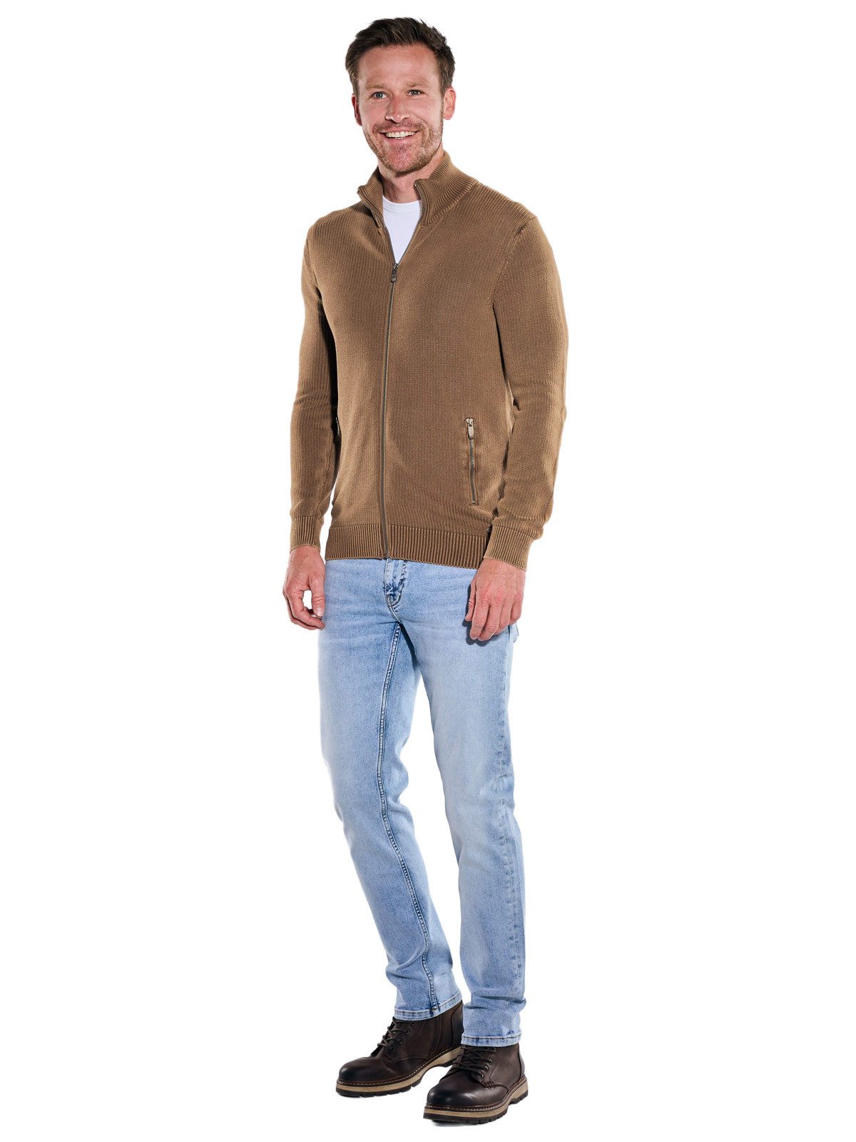 Engbers Cardigan Herren Cardigan mit Zipper und Stehkragen, Cognac