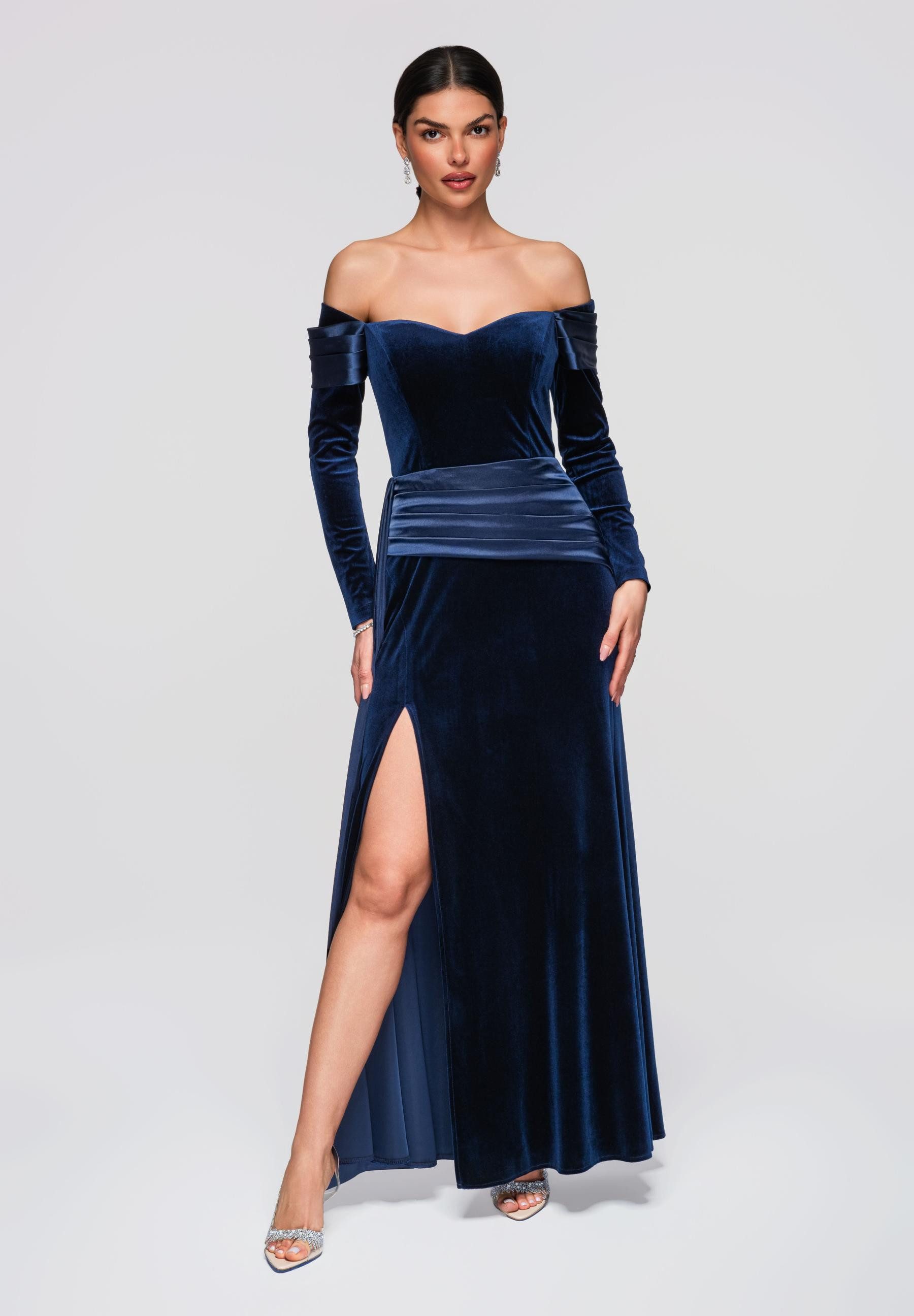 OMBRE Abendkleid Damen Abendkleid elegant mit off-the-shoulder Ausschnitt Navy S (kein Set, 1-tlg) in Unifarbe