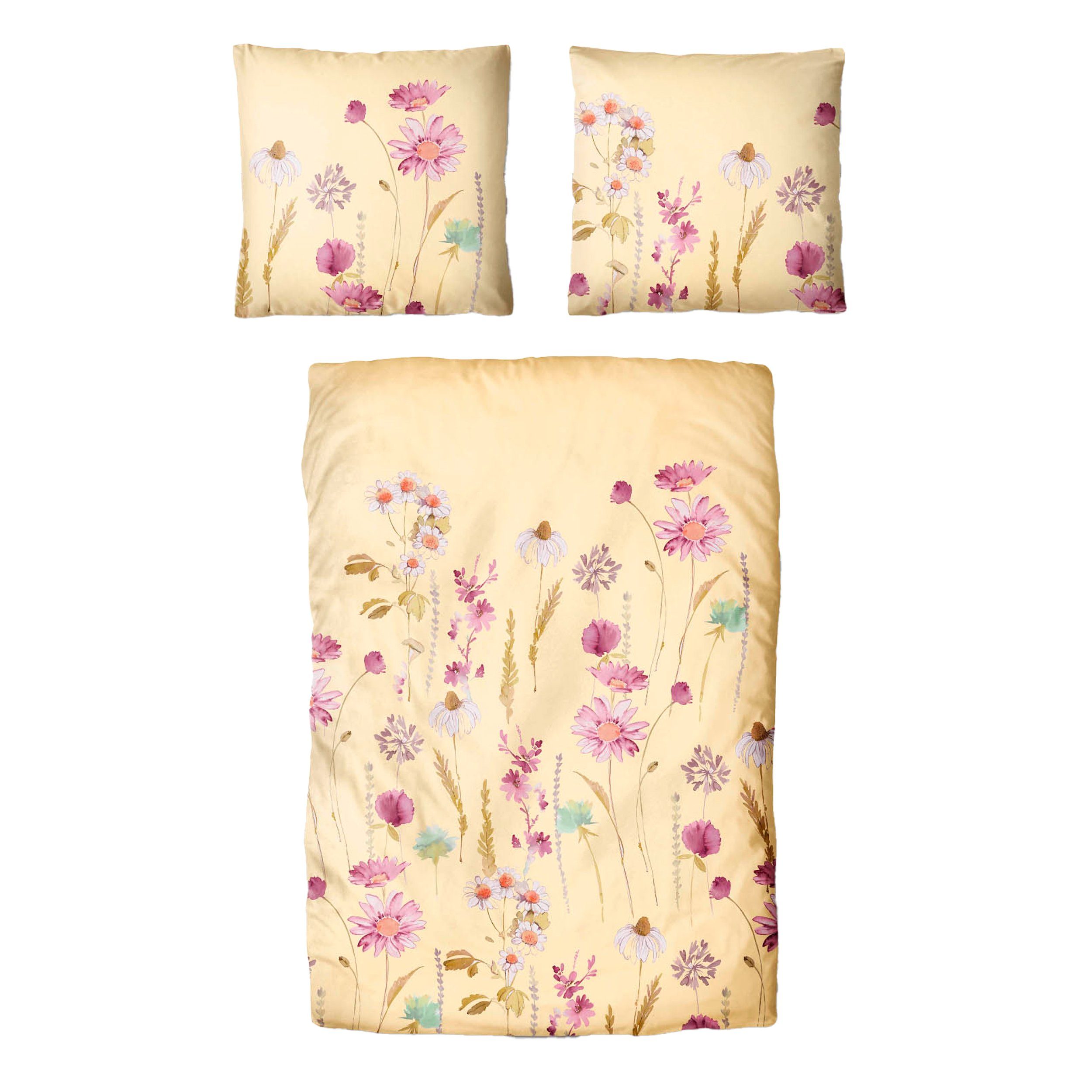 Bettwäsche Classic Microfaser, Traumschloss, Flanell, 2 teilig, bunte Blumenwiese auf hellem Hintergrund