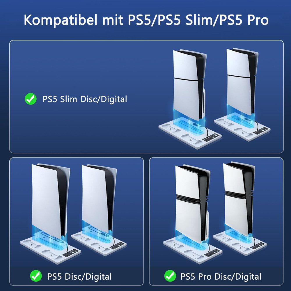 TUWENA Vertikale Standfuß mit Kühlung für PS5/Pro/Slim, mit 3 Stufen Lüfter Switch-Controller