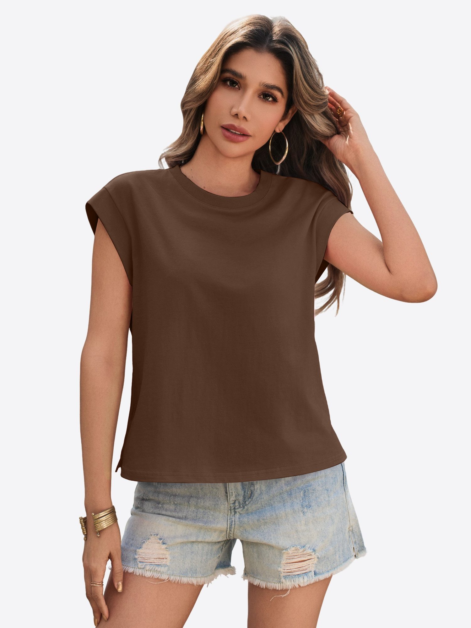 Imily Bela T-Shirt Damen Basic-Shirt mit Rundhalsausschnitt (Packung, 1-tlg., 1per-Pack) Seitenschlitze