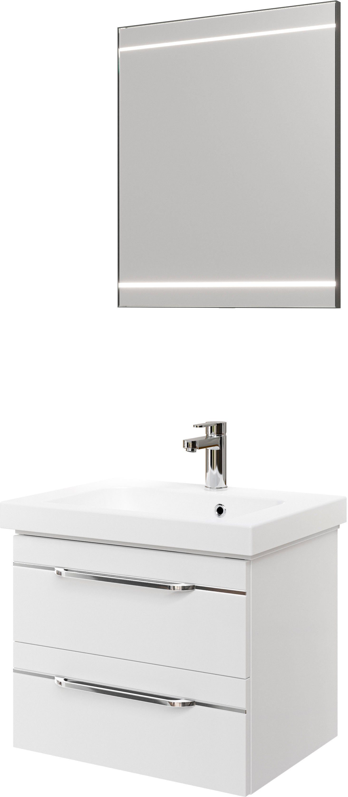 Saphir Badmöbel-Set Balto 2-teilig Mineralmarmor-Waschtisch mit LED-Spiegel, Waschplatz, (2-St), 64,4 cm breit, mit 2 Schubladen, Badschrank inkl. Schubladendämpfer