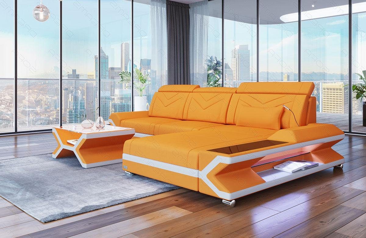 Ecksofa Apricot-Weiss Napoli Bettfunktion, Polster Designersofa Stoff Stoffsofa, C87 Dreams Sofa Couch mit L Sofa LED, ausziehbare Form