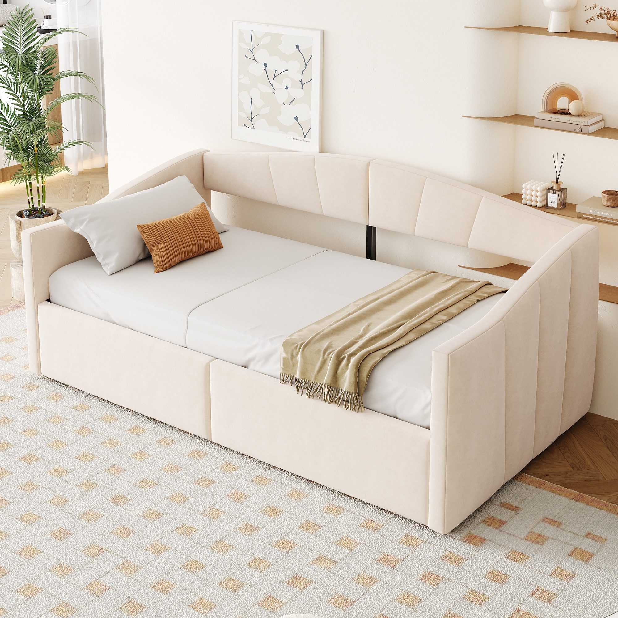 Celya Polsterbett Sofabett mit Stauraum (ohne Matratze, 90x200 cm, Klassisch Gestreift, Multifunktionales Einzelbett, Samtstoff)