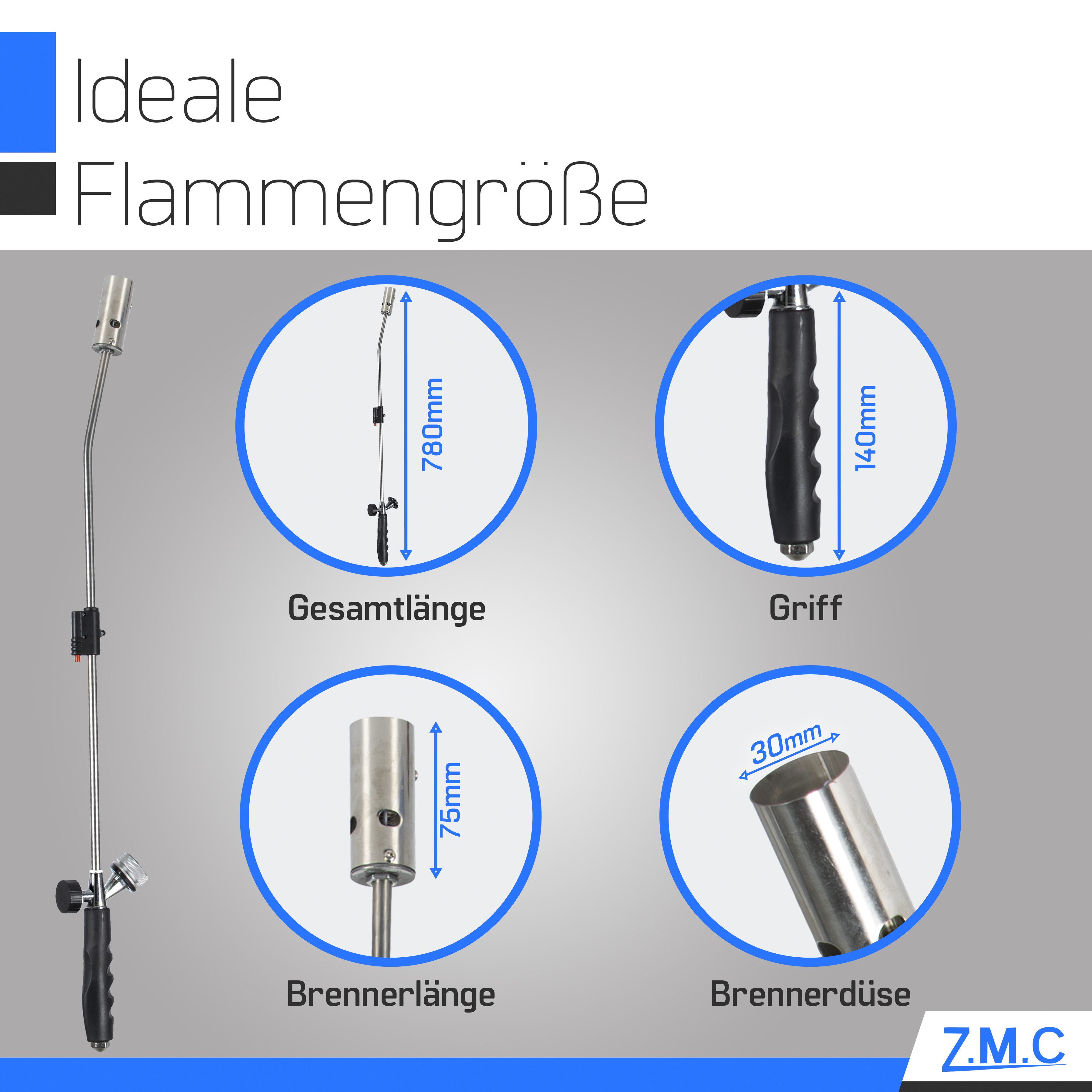 ZMC Unkrautbrenner Unkrautvernichter Unkrautbrenner Abflammgerät + Gaskartuschen 330g, (Unkrautreiniger 2,5KW mit einstellbarer Flammenleistung, Flammenwerfer bis zu 1400 °C, 2-tlg), Gasbrenner Grillanzünder Kohleanzünder mit Piezo-Zündung