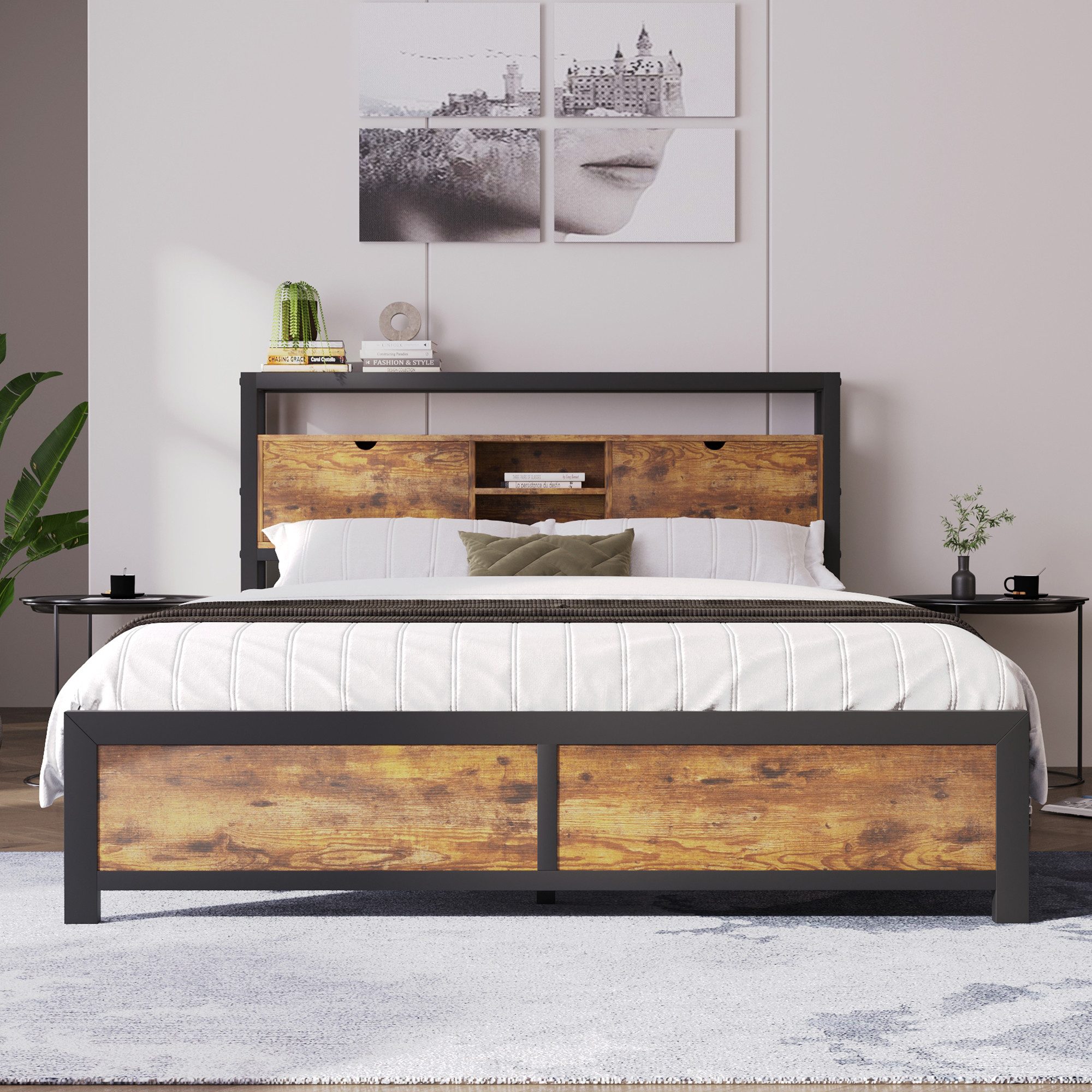 MODFU Metallbett modernes Design im Industrie-Look, platzsparend und langlebig, (145 x216x100cm,ohne-Matratze, 26,5 cm Bodenfreiheit), Metallbett mit Holzoptik MDF
