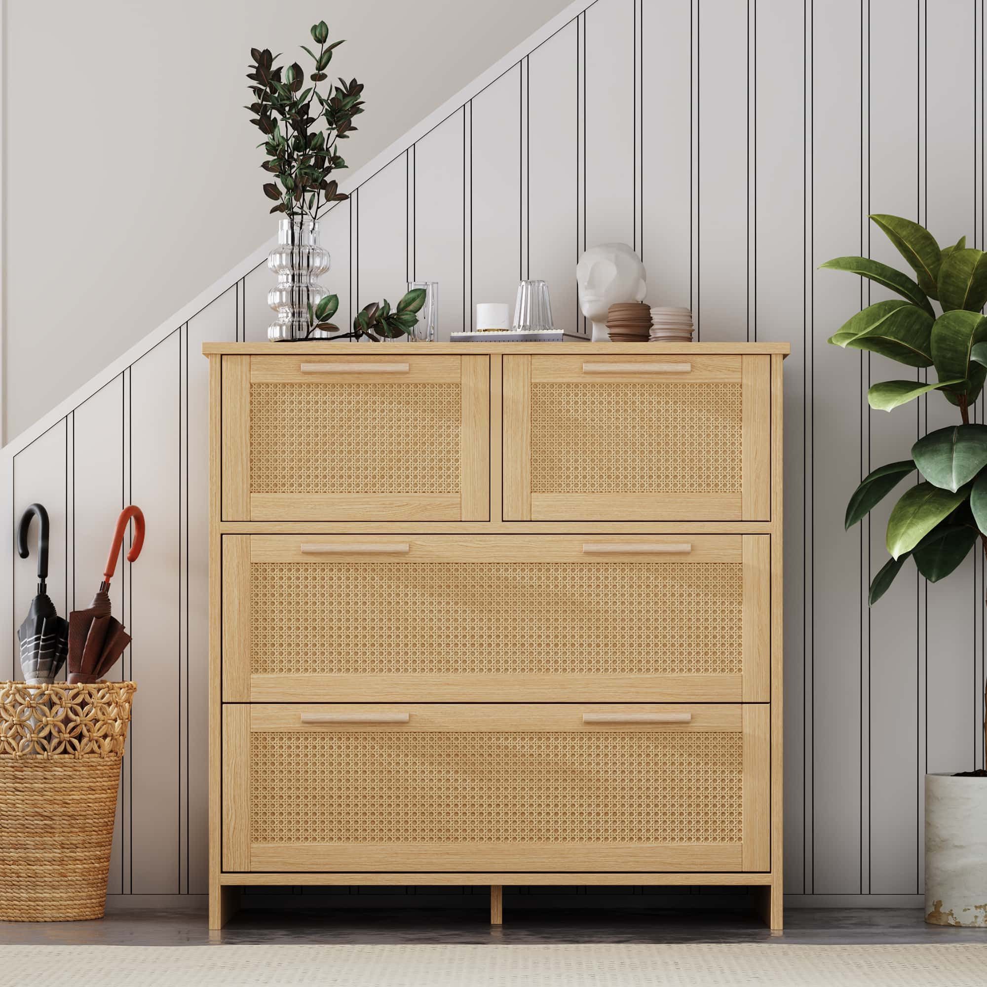 BBWL Sideboard Rattankommode 80x80x38 cm mit 4 Schubladen, Massivholzgriffen (Moderner Schubladenschrank aus MDF & Rattan für Schlafzimmer, Wohnzimmer, Flur, Esszimmer – Kippsicherung & viel Stauraum – Pflegeleicht & vielseitig einsetzbar)