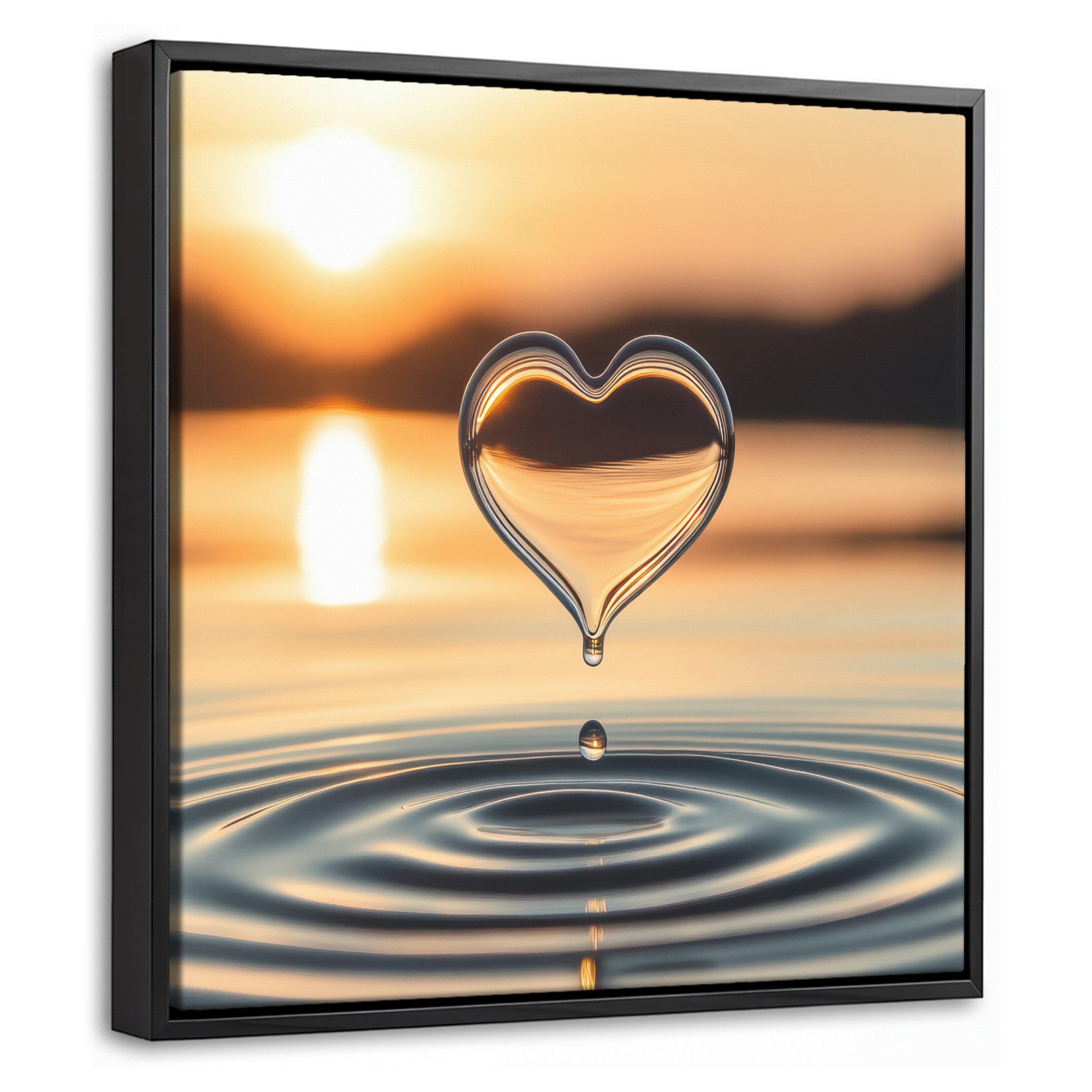 OneMillionCanvasses® Leinwandbild mit Rahmen - Herz - Wasser - Sonnenuntergang - Natur - Zen, Fotodruck (1 St), Leinwand Bilder Klein, Wand Dekoration Aesthetic 20x20cm