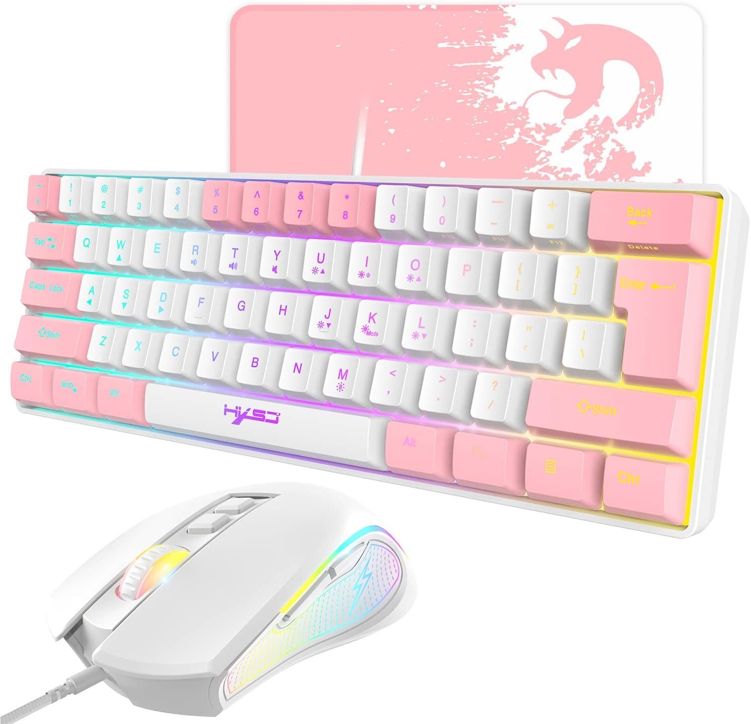 HXSJ Klassische Kompakte 61 Tasten,TKL Layout mit 7 Tasten Bis zu 3600 DPI Tastatur- und Maus-Set, Abnehmbaren Tastenkappen IPX4 Wasserdichtem Design