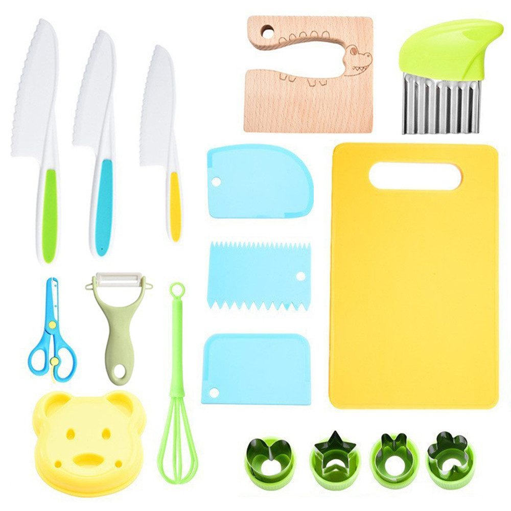 CLTYQ Kinderkochmesser 17 teiliges Kindersicheres Küchenmesser für Echtes Kochen, Messer für Kinder, BPA-frei, Montessori Messer, kinder kochset