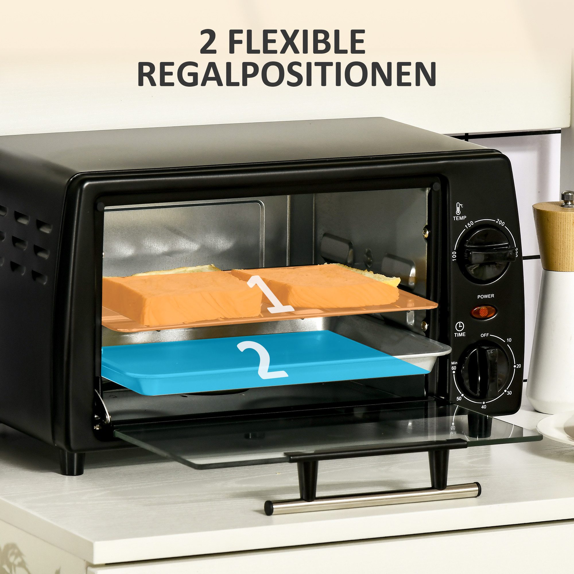 HOMCOM Minibackofen Backofen 10 L 750W 100-230℃ mit Backblech Pizza-Ofen, zum Grillen, Backen, Toasten, Schwarz – Bild 5 von 5