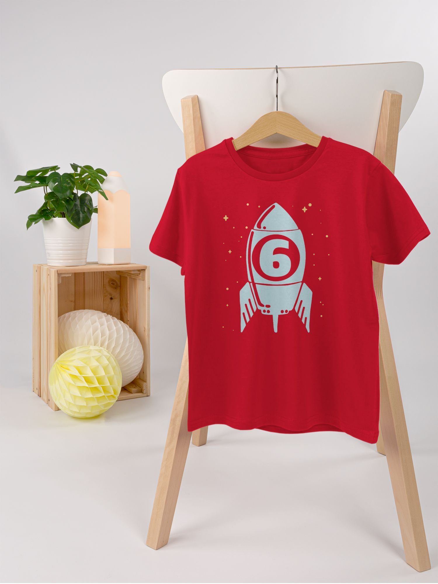 6. Shirtracer Rakete mit blau Sechs Geburtstag Rot 3 T-Shirt Sternen