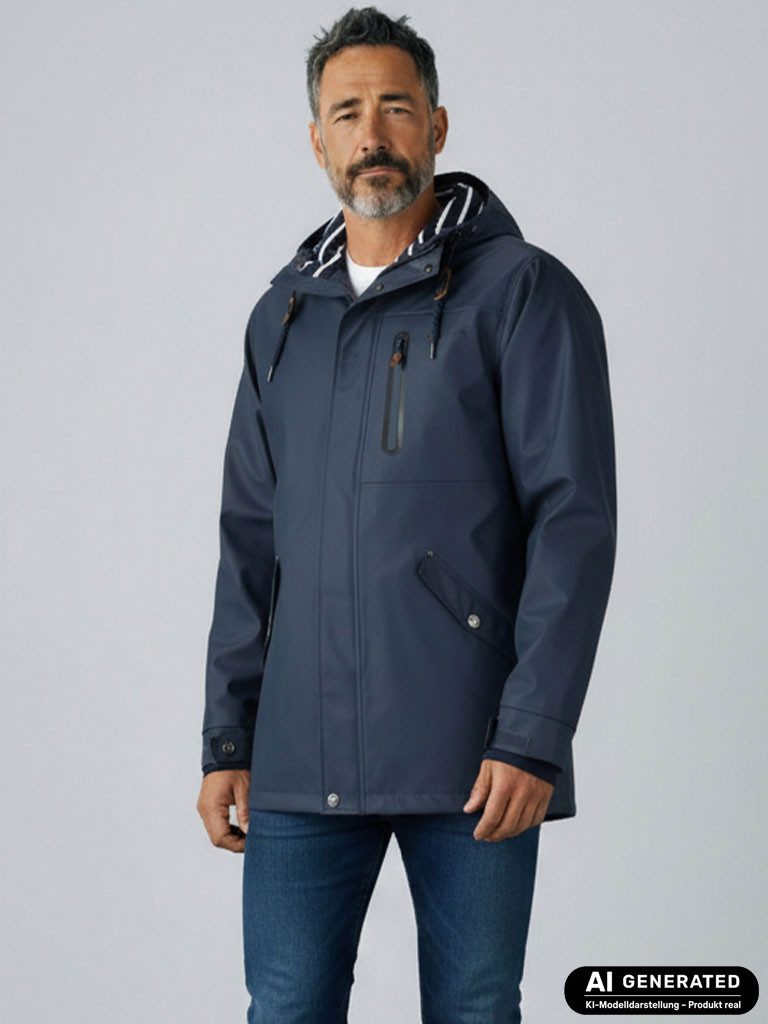 Dry Fashion Regenjacke Lübeck Herren PU-Parka - Outdoor-Jacke Mantel Wasserdicht & Winddicht Verschweißte Nähte, Verstellbare Kapuze, Abgedeckter Reißverschluss