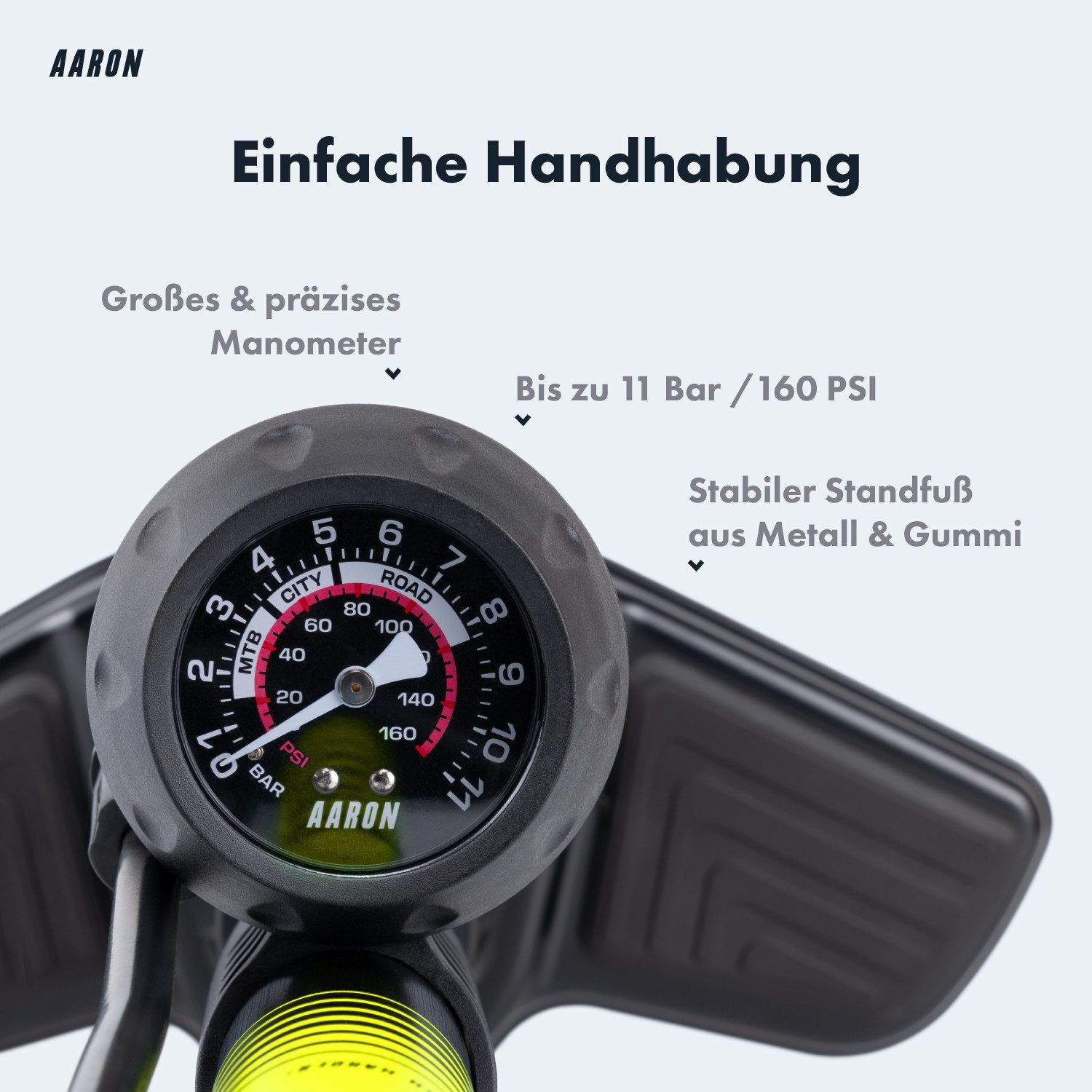 AARON Standpumpe Sport One 2.0 Fahrrad-Luftpumpe alle Ventile Manometer Standpumpe