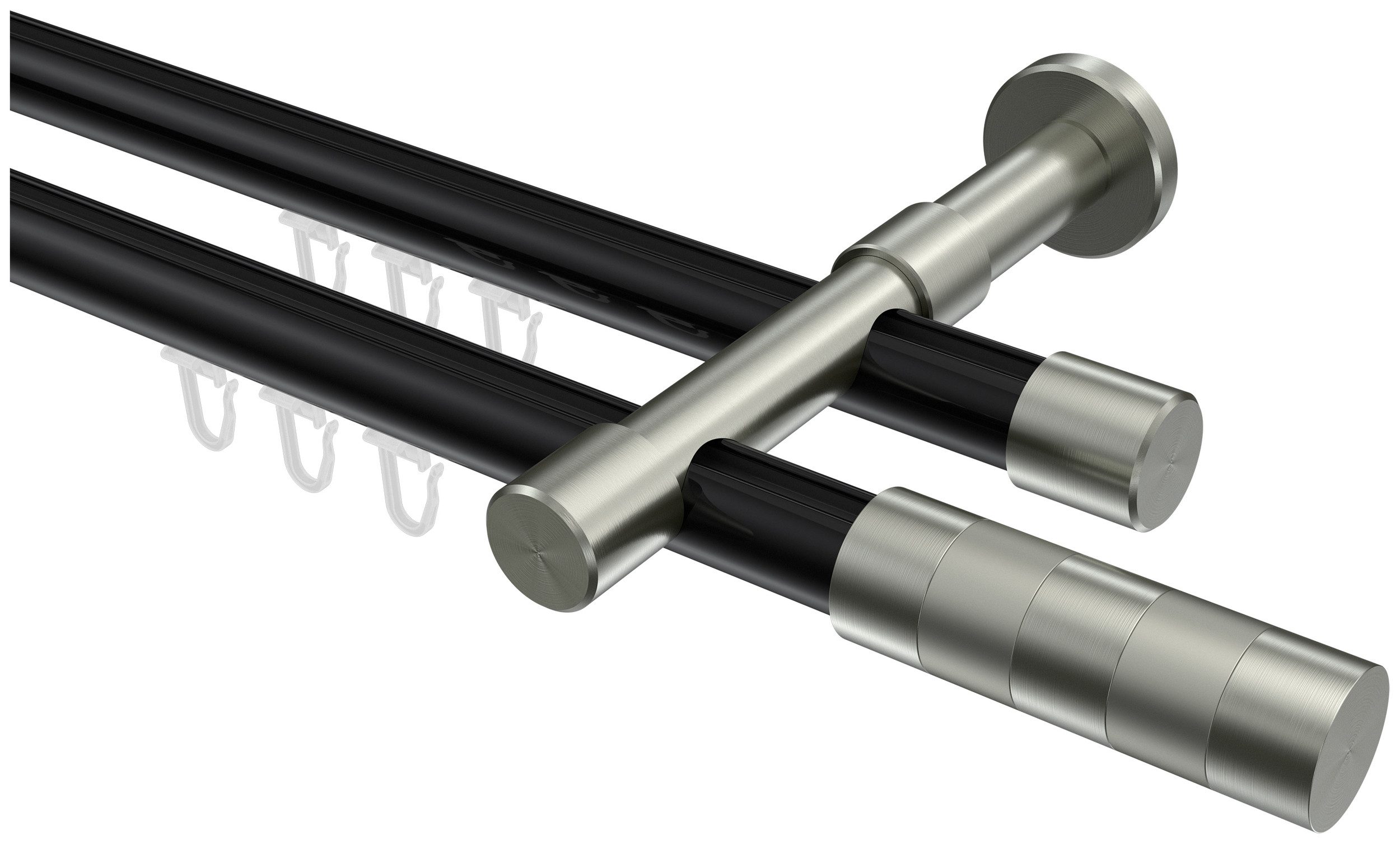 INTERDECO Innenlaufschiene Prestige Mavell, Ø 20 mm, 2-läufig, Fixmaß, kürzbar, Wandmontage, Aluminium, Schwarz / Edelstahl-Optik / Bicolor