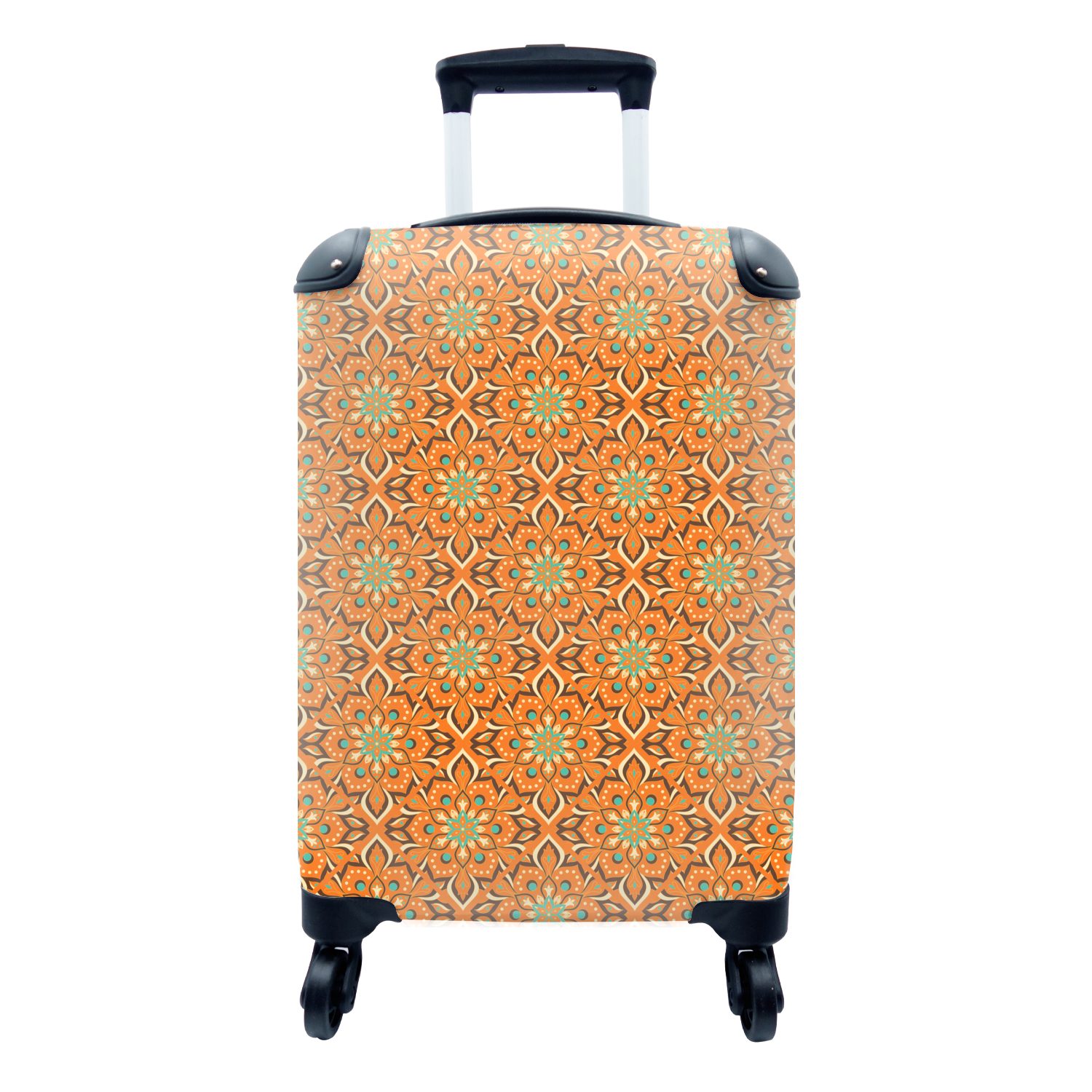 MuchoWow Handgepäckkoffer Orange - Mandala - Design - Bohème - Vintage, 4 Rollen, Reisetasche mit rollen, Handgepäck für Ferien, Trolley, Reisekoffer