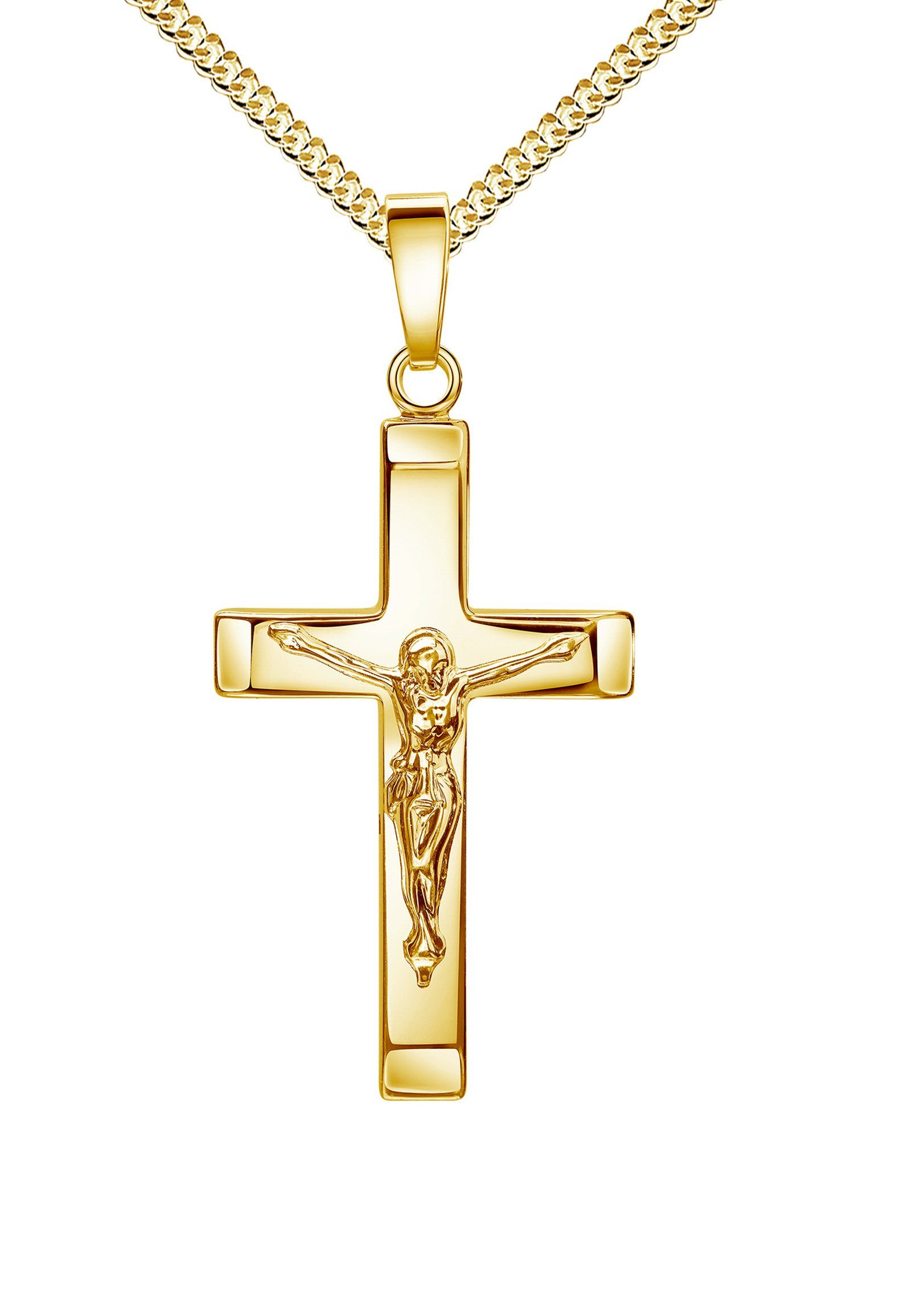 JEVELION Kreuzkette Kruzifix 925 Silber vergoldet - Made in Germany (Silberkreuz vergoldet, für Damen und Herren), Kreuzanhänger mit Panzer-Kette - Länge wählbar 36 - 70 cm.