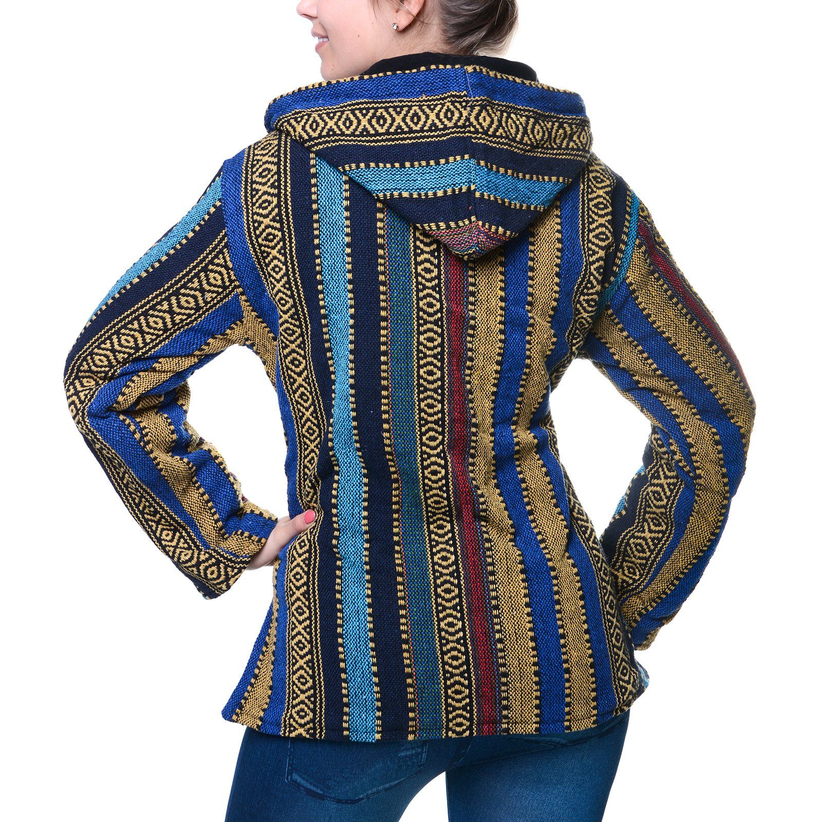 KUNST UND MAGIE Kapuzensweatshirt Sweatshirt Baja Jerga Nepal Kapuze und Poncho+Fleecefutter Magie Kunst Blau / Türkis