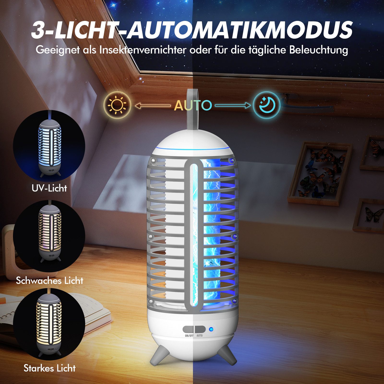 ANYSUN Insektenvernichter Elektrisch, Mückenlampe Mit LED-Licht, 2500mAh Akku Moskito Killer, Fliegenfalle Mückenfalle für Innen, Wasserdicht