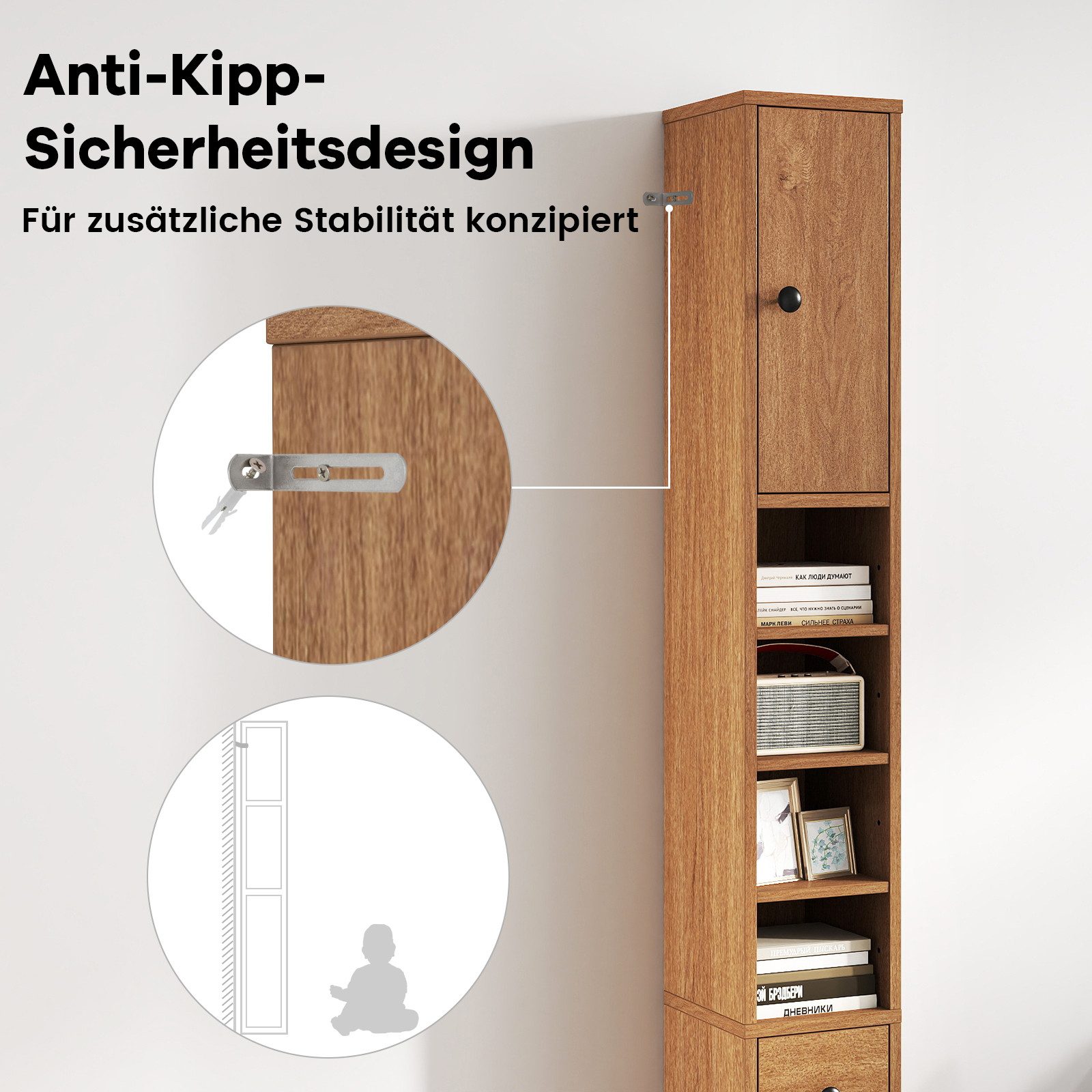 COSTWAY Hochschrank Badschrank schmal, verstellbaren Regal 180cm Weiß – Bild 3 von 5