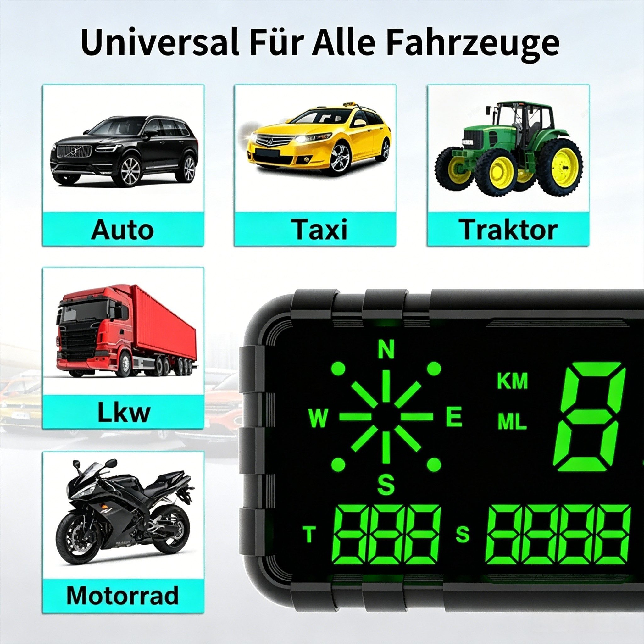 AIBISTAR Head Up Display HUD GPS Geschwindigkeitsmesser Kopfdisplay Kompass Alarm, GPS+Beidou Dualmodul Chip,Hitzebeständig,Müdigkeitswarnung