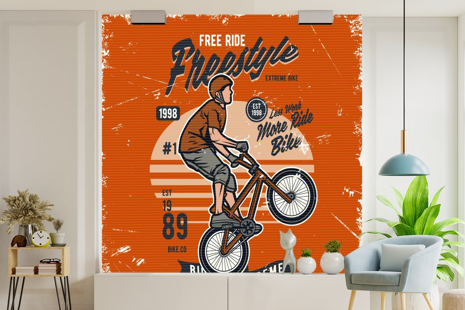 Fototapete - - St), Matt, bedruckt, Wandtapete MuchoWow Wohnzimmer Vinyl Retro, Tapete oder Fahrrad für (5 Mann Schlafzimmer,