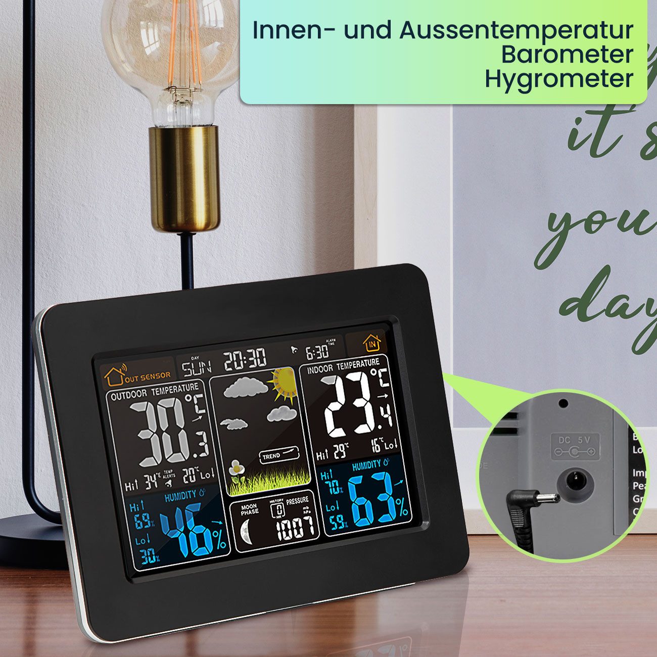 Casativo Funk-Wetterstation mit Farbdisplay Barometer Sensor Uhr & Wecke Funkwetterstation (Thermometer, Barometer, Hygrometer, Wecker & 60m Außensensor)
